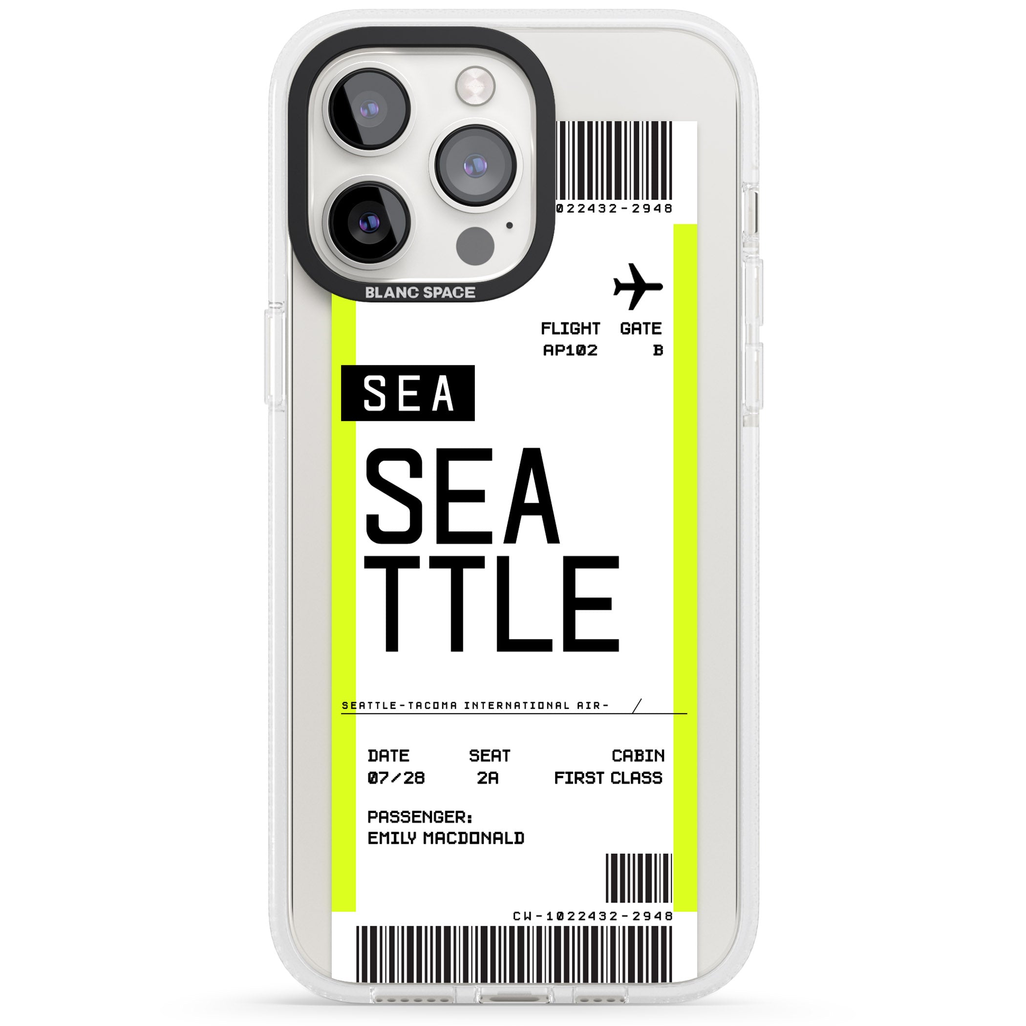 Personalised Seattle Boarding Pass iPhone 15 Pro Max / 15 Pro / 14 Pro Max / 14 Pro / 13 Pro Clear Case Impact Air - Blanc Space