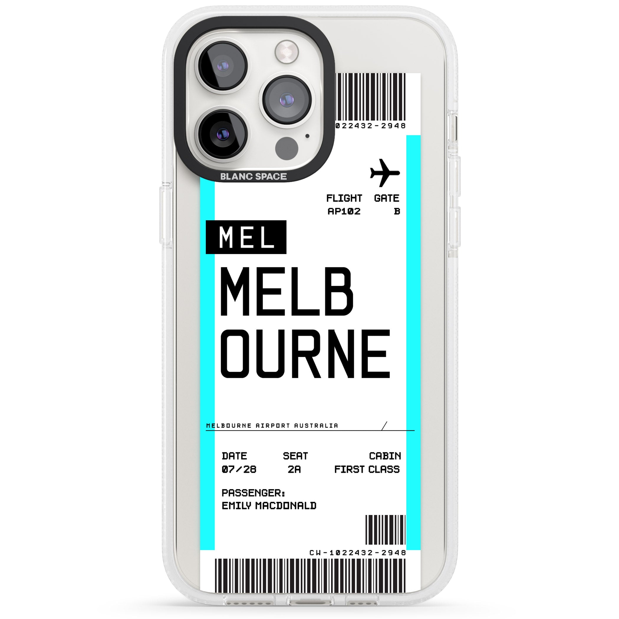 Personalised Melbourne Boarding Pass iPhone 15 Pro Max / 15 Pro / 14 Pro Max / 14 Pro / 13 Pro Clear Case Impact Air - Blanc Space