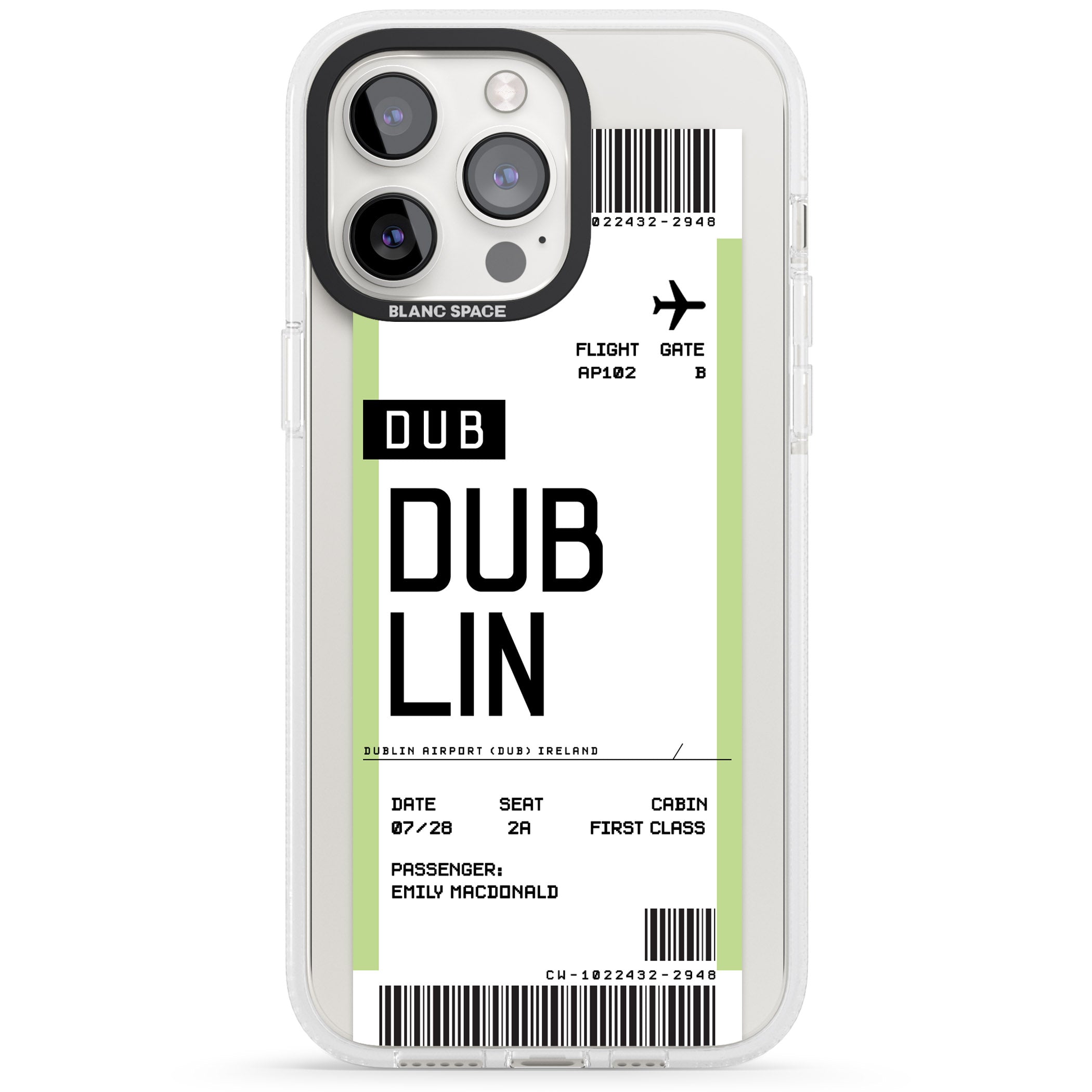 Personalised Dublin Boarding Pass iPhone 15 Pro Max / 15 Pro / 14 Pro Max / 14 Pro / 13 Pro Clear Case Impact Air - Blanc Space