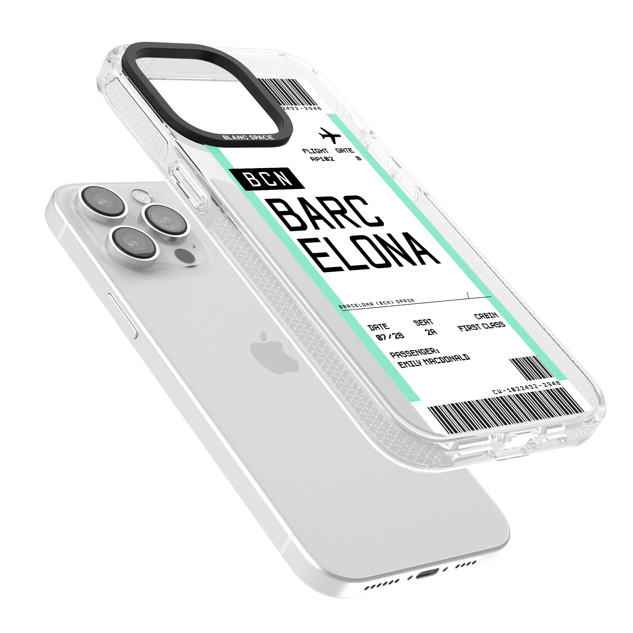 Personalised Barcelona Boarding Pass iPhone 15 Pro Max / 15 Pro / 14 Pro Max / 14 Pro / 13 Pro Clear Case Impact Air - Blanc Space