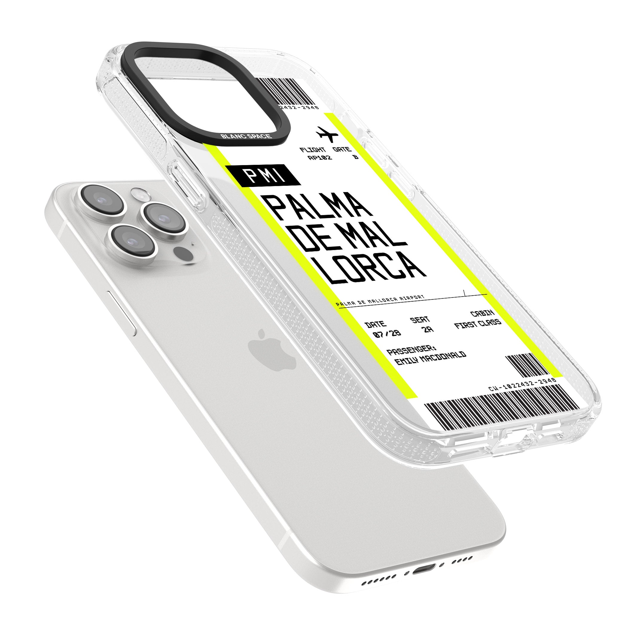 Personalised Palma De Mallorca Boarding Pass iPhone 15 Pro Max / 15 Pro / 14 Pro Max / 14 Pro / 13 Pro Clear Case Impact Air - Blanc Space