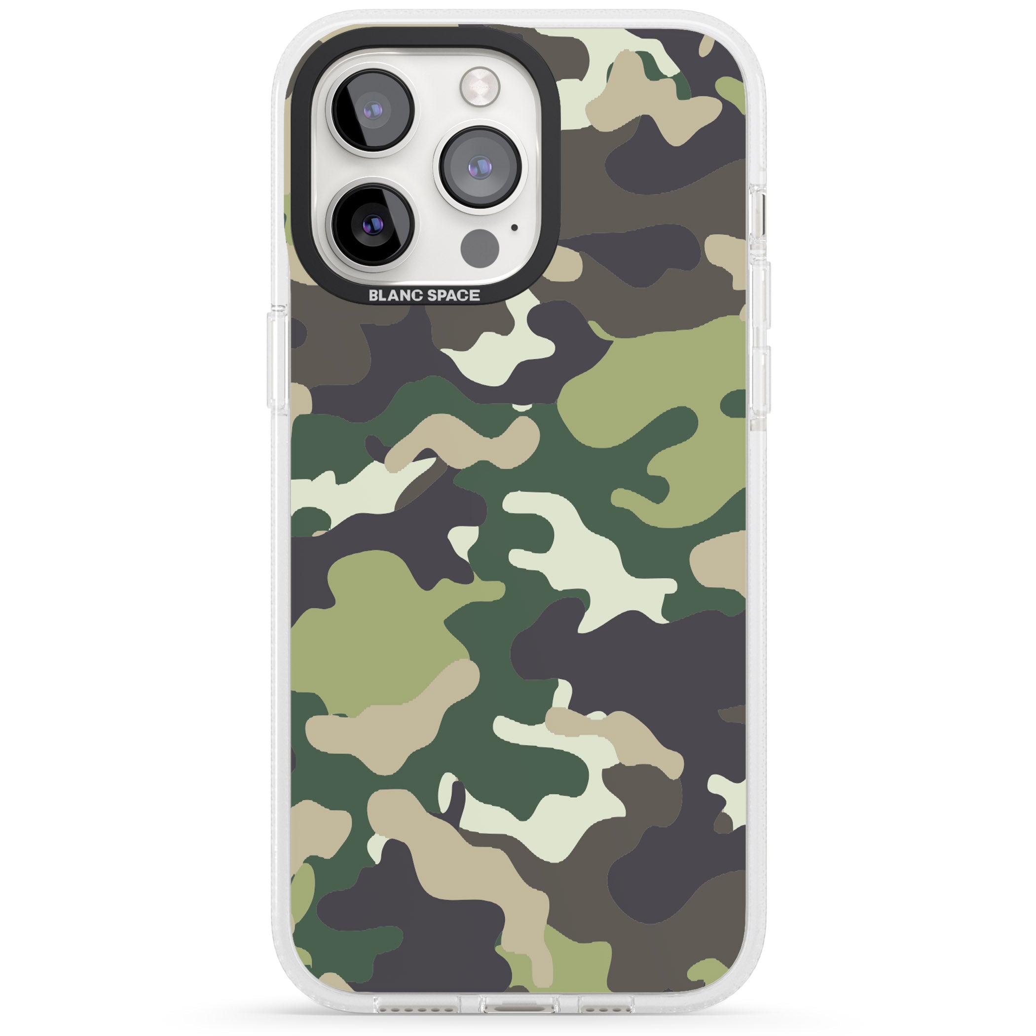 Green Camo iPhone 15 Pro Max / 15 Pro / 14 Pro Max / 14 Pro / 13 Pro Clear Case Impact Air - Blanc Space