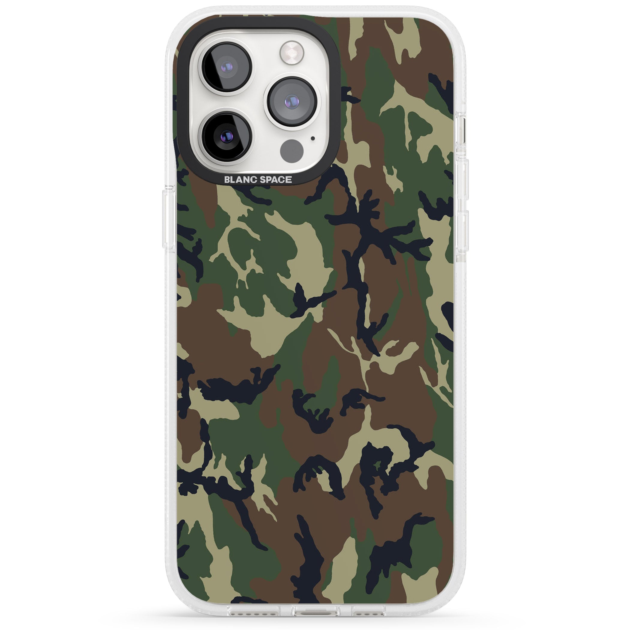 Forest Green Camo iPhone 15 Pro Max / 15 Pro / 14 Pro Max / 14 Pro / 13 Pro Clear Case Impact Air - Blanc Space