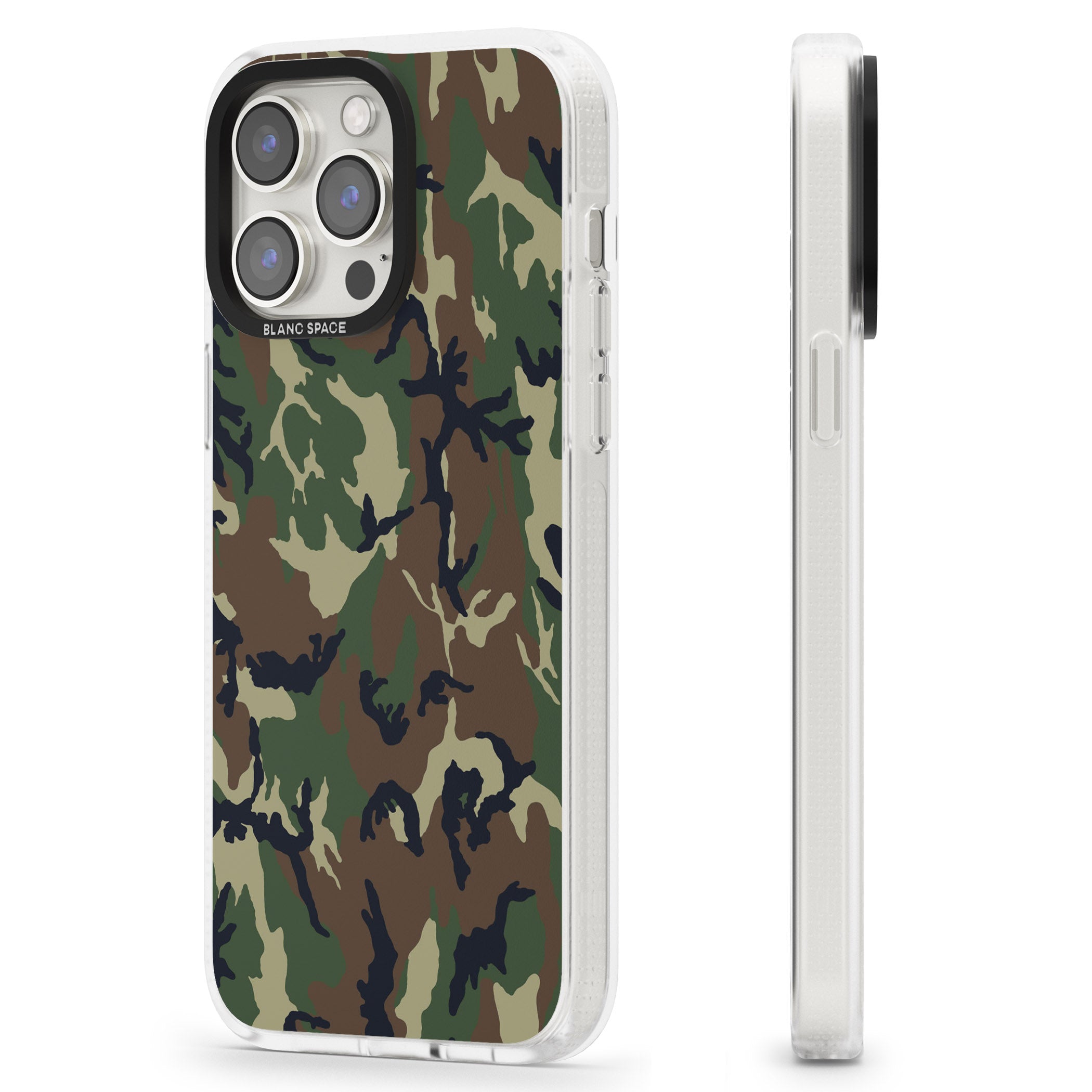 Forest Green Camo iPhone 15 Pro Max / 15 Pro / 14 Pro Max / 14 Pro / 13 Pro Clear Case Impact Air - Blanc Space