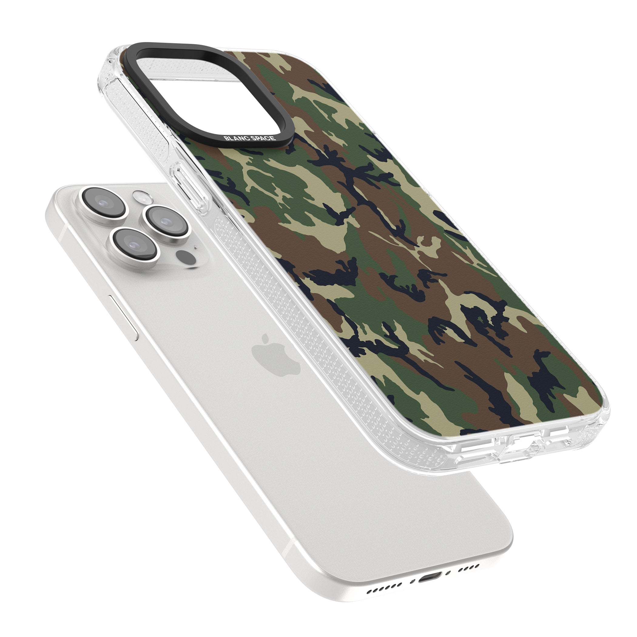 Forest Green Camo iPhone 15 Pro Max / 15 Pro / 14 Pro Max / 14 Pro / 13 Pro Clear Case Impact Air - Blanc Space