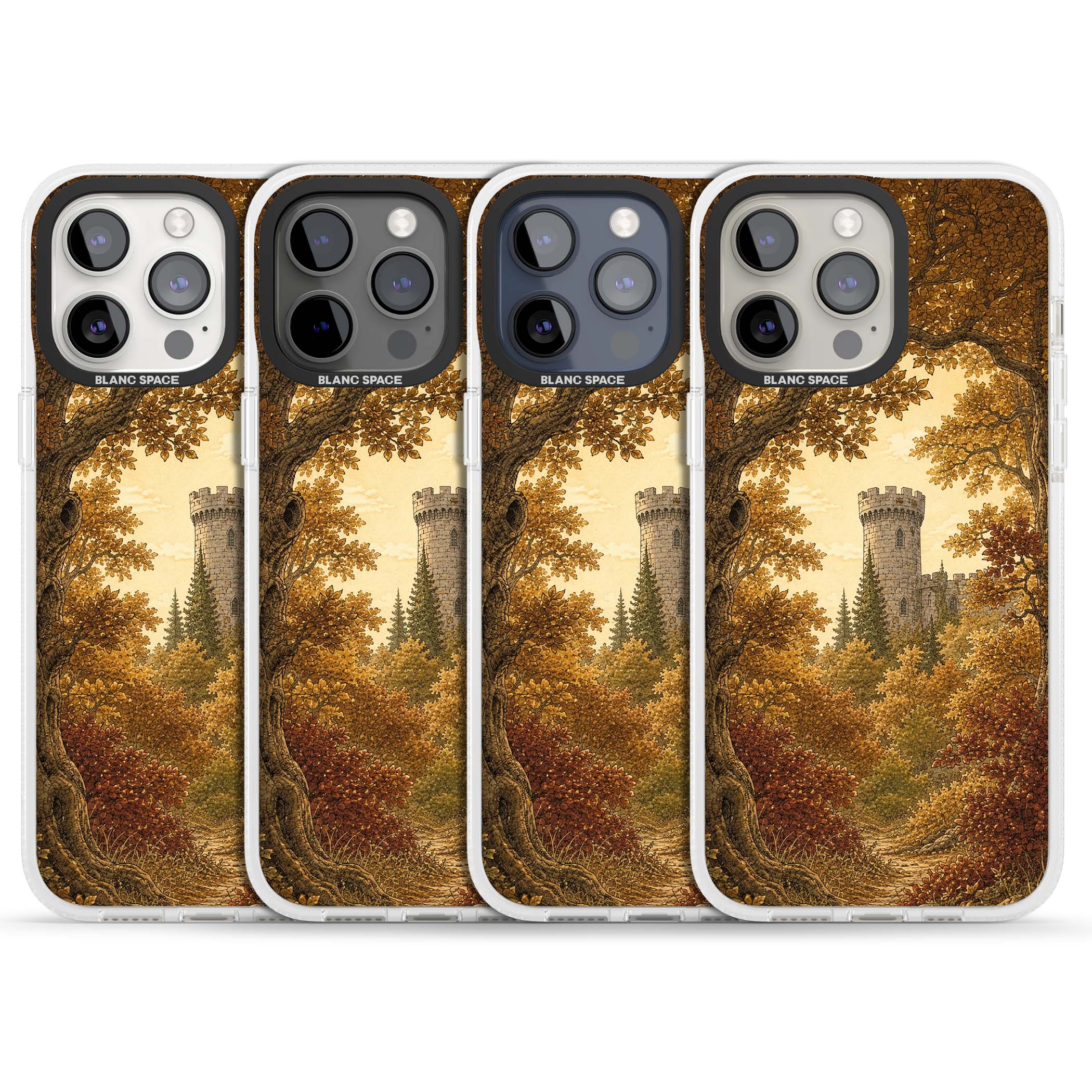 Autumn Keep cottagecore iPhone case featuring a medieval castle tower framed by golden autumn trees and woodland foliage | Clear Case Impact Air case for iPhone 15 Pro, iPhone 15 Pro Max