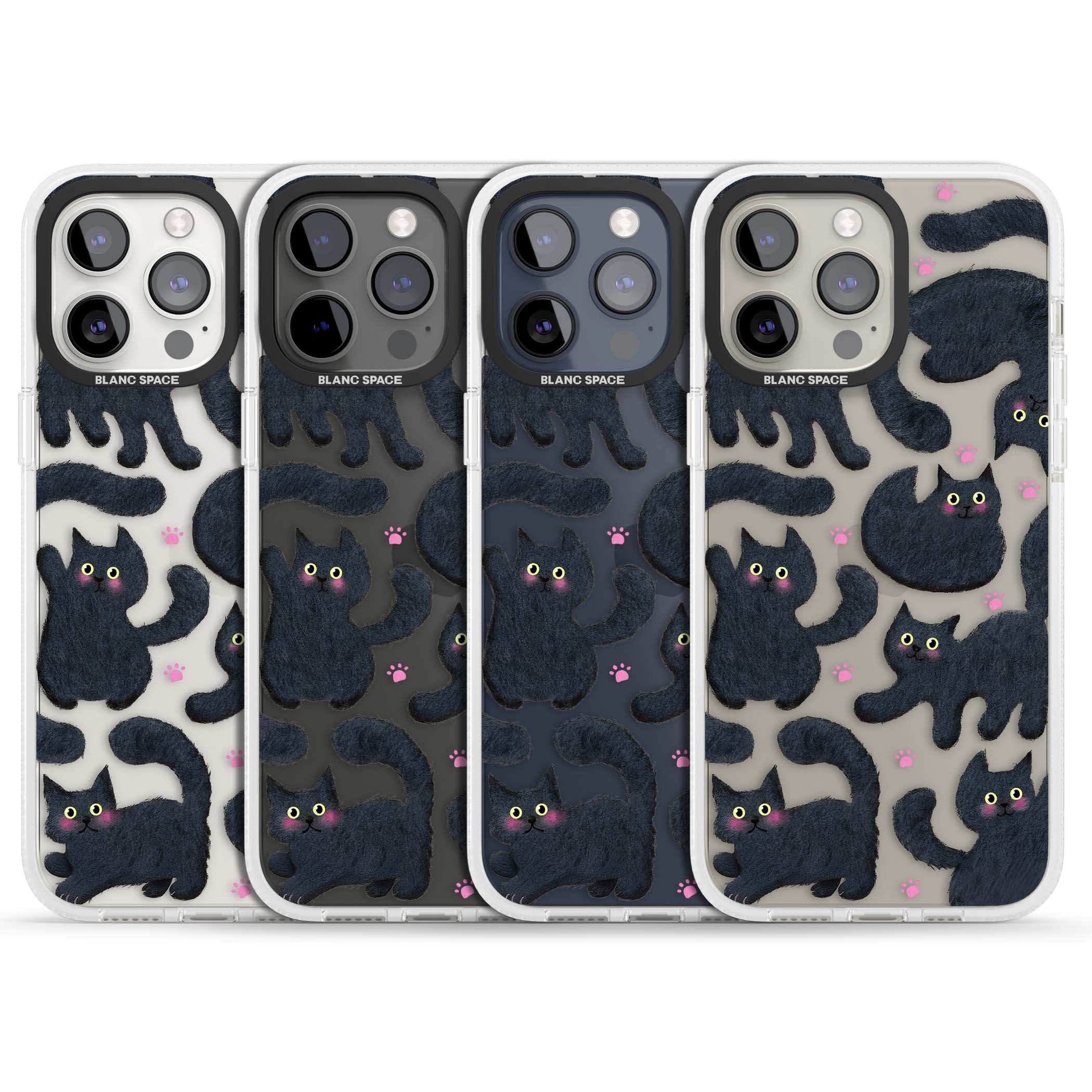 Midnight Cats cute iPhone case featuring black cat pattern with yellow eyes and pink paw prints | Clear Case Impact Air case for iPhone 15 Pro, iPhone 15 Pro Max