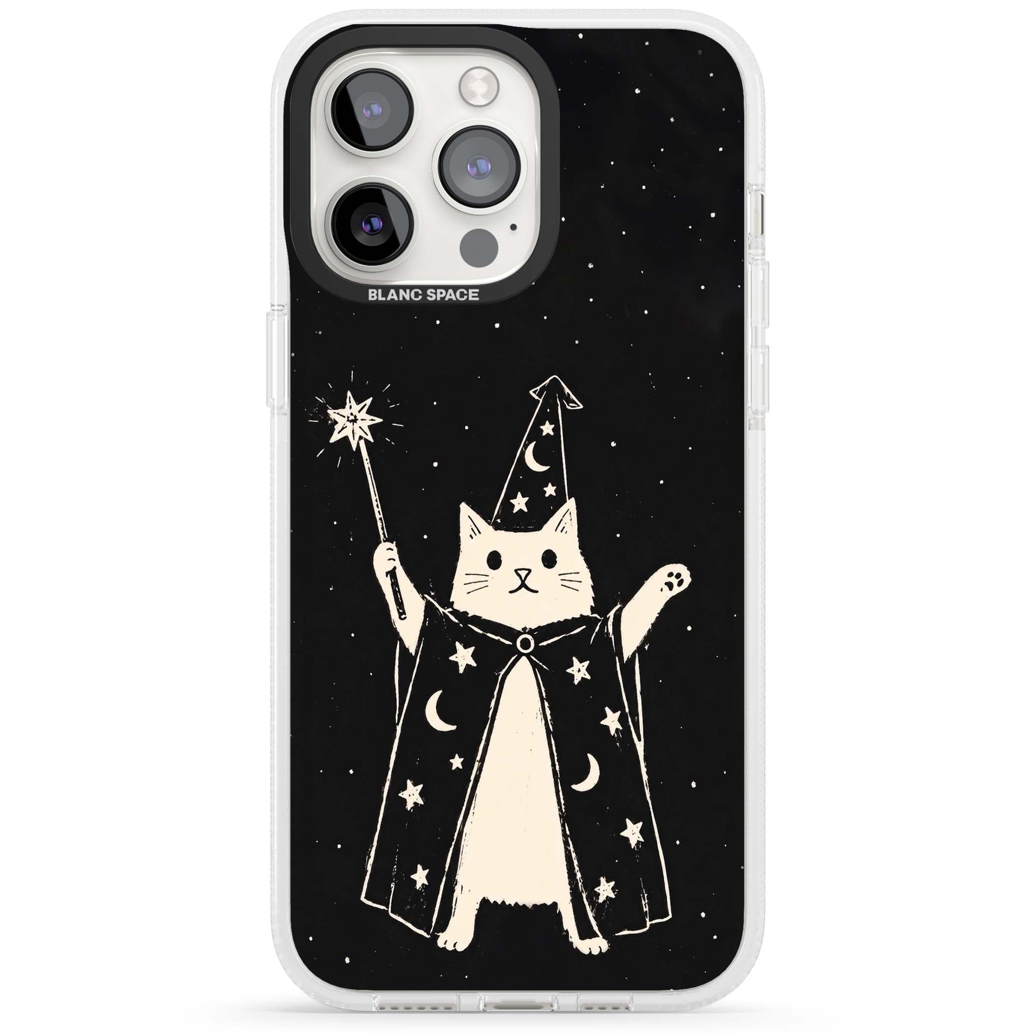 Whisker Wizard celestial cat iPhone case featuring a wizard cat with magic wand, starry night sky and crescent moons | Clear Case Impact Air case for iPhone 15 Pro, iPhone 15 Pro Max