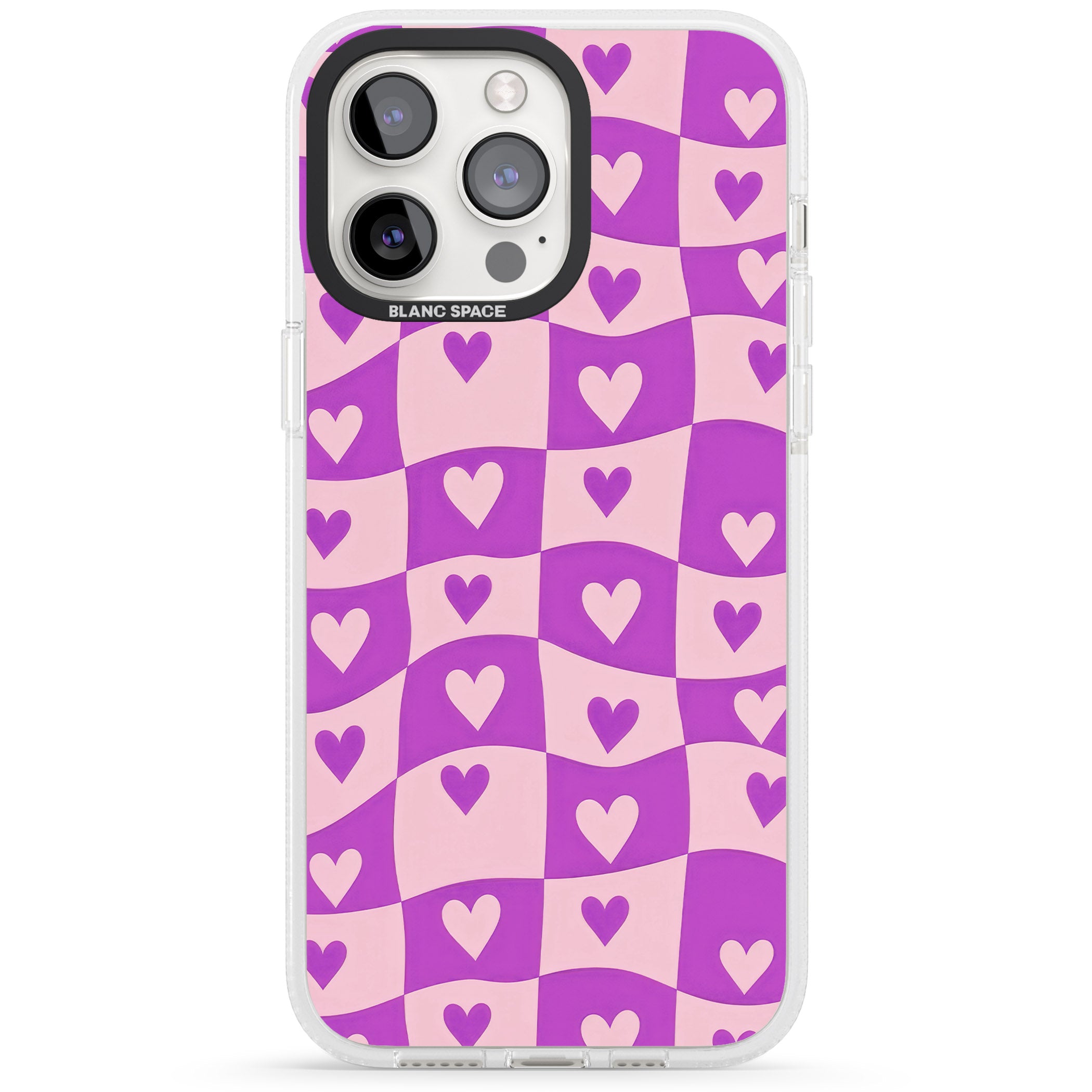 Purple Wavy Checked & Hearts iPhone 15 Pro Max / 15 Pro / 14 Pro Max / 14 Pro / 13 Pro Clear Case Impact Air - Blanc Space