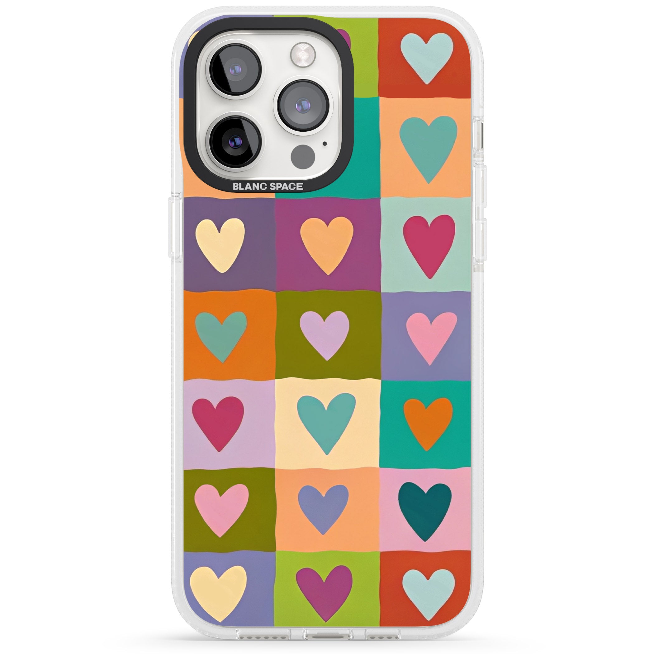 Multicolour Checked Hearts iPhone 15 Pro Max / 15 Pro / 14 Pro Max / 14 Pro / 13 Pro Clear Case Impact Air - Blanc Space
