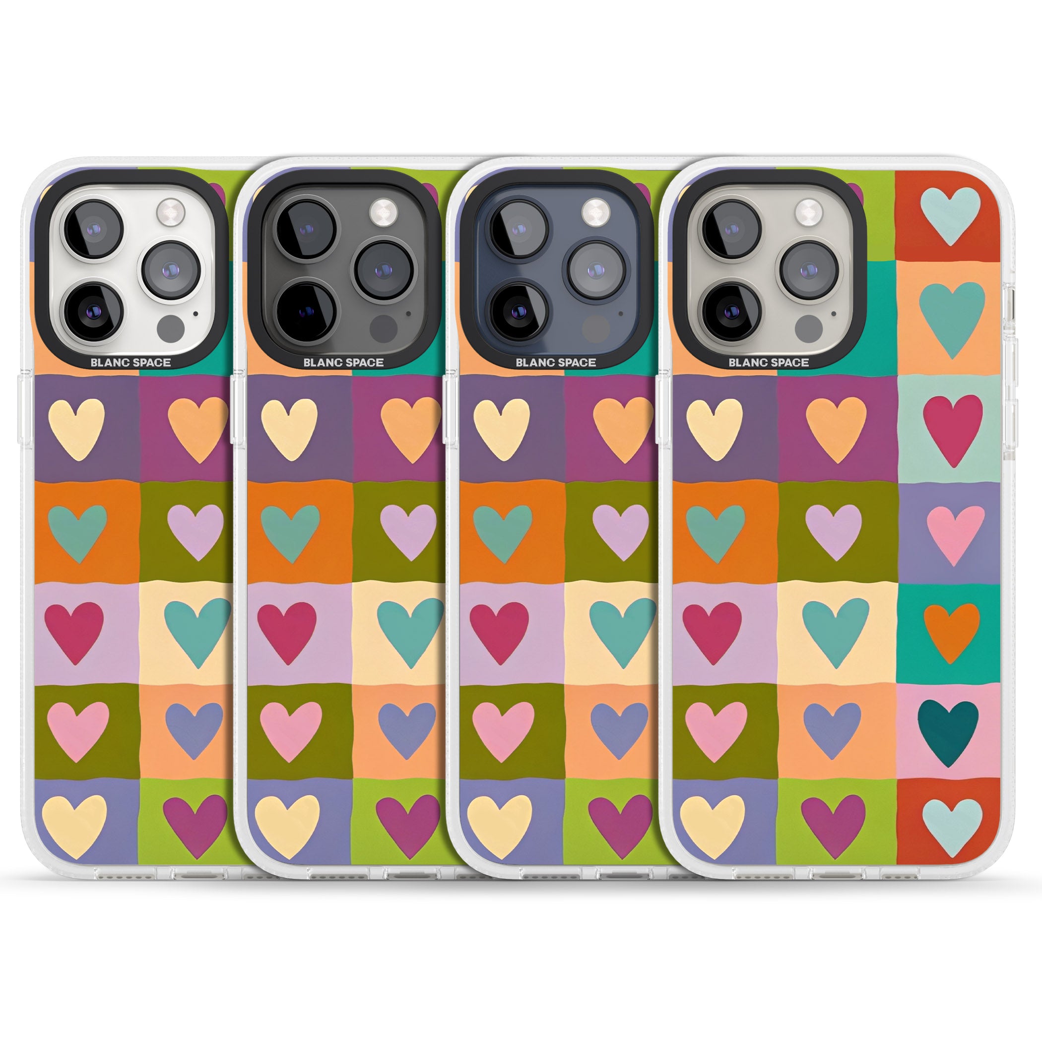 Multicolour Checked Hearts iPhone 15 Pro Max / 15 Pro / 14 Pro Max / 14 Pro / 13 Pro Clear Case Impact Air - Blanc Space
