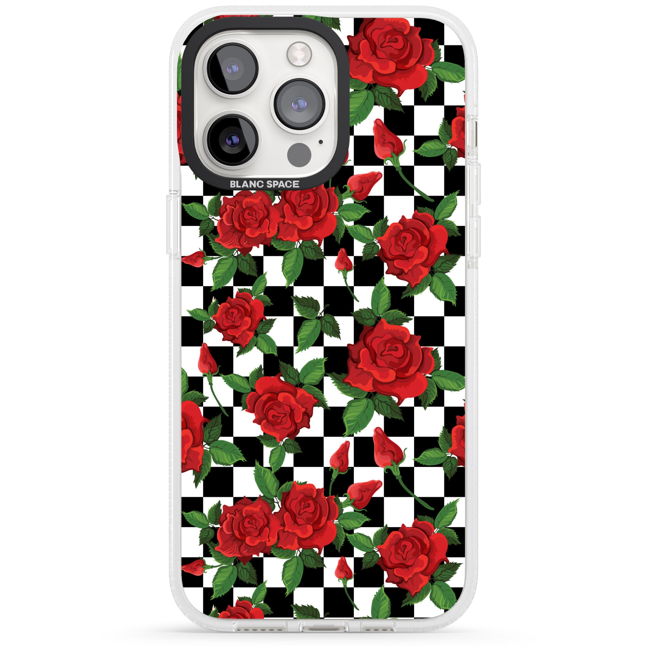 Checkered Pattern & Red Roses iPhone 15 Pro Max / 15 Pro / 14 Pro Max / 14 Pro / 13 Pro Clear Case Impact Air - Blanc Space