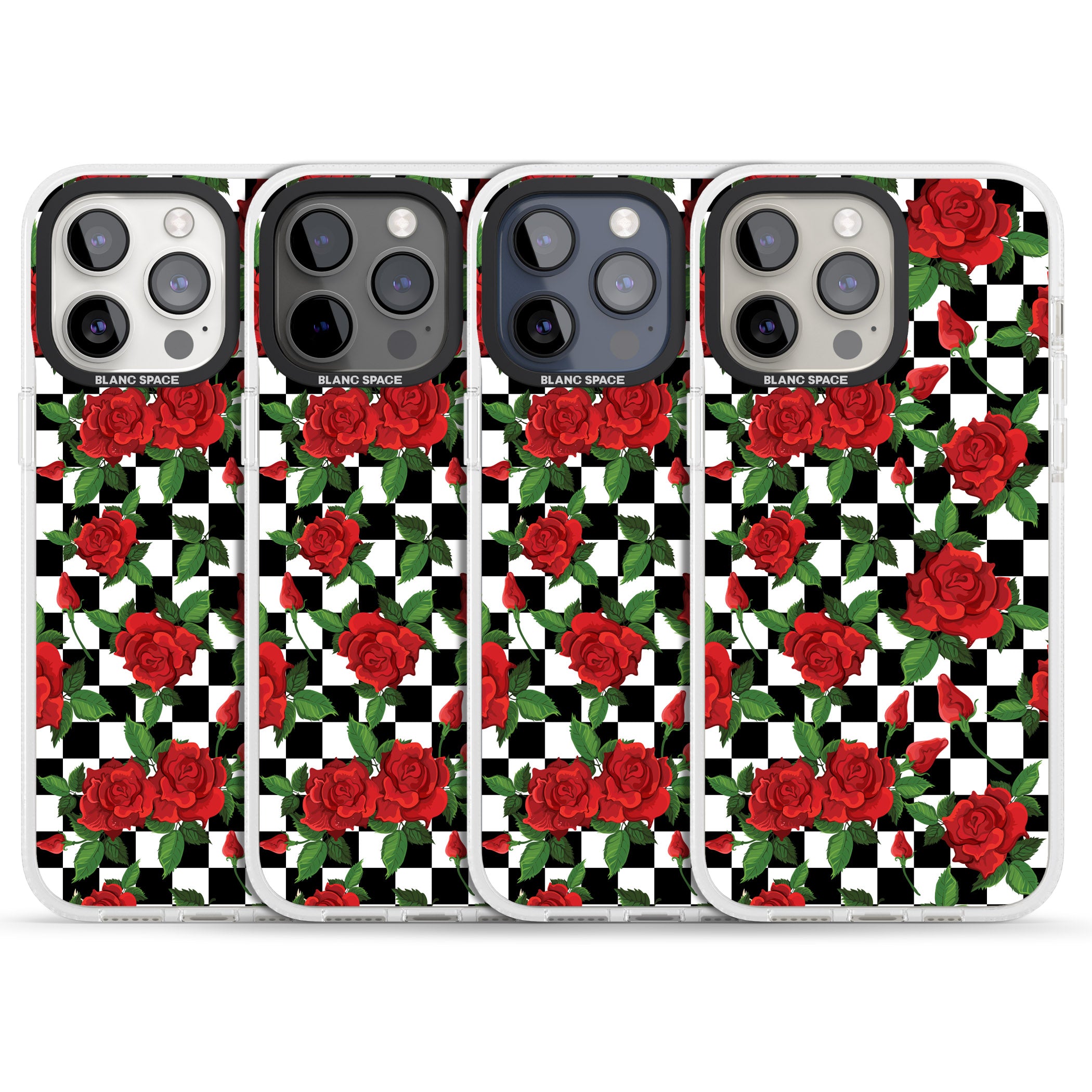 Checkered Pattern & Red Roses iPhone 15 Pro Max / 15 Pro / 14 Pro Max / 14 Pro / 13 Pro Clear Case Impact Air - Blanc Space