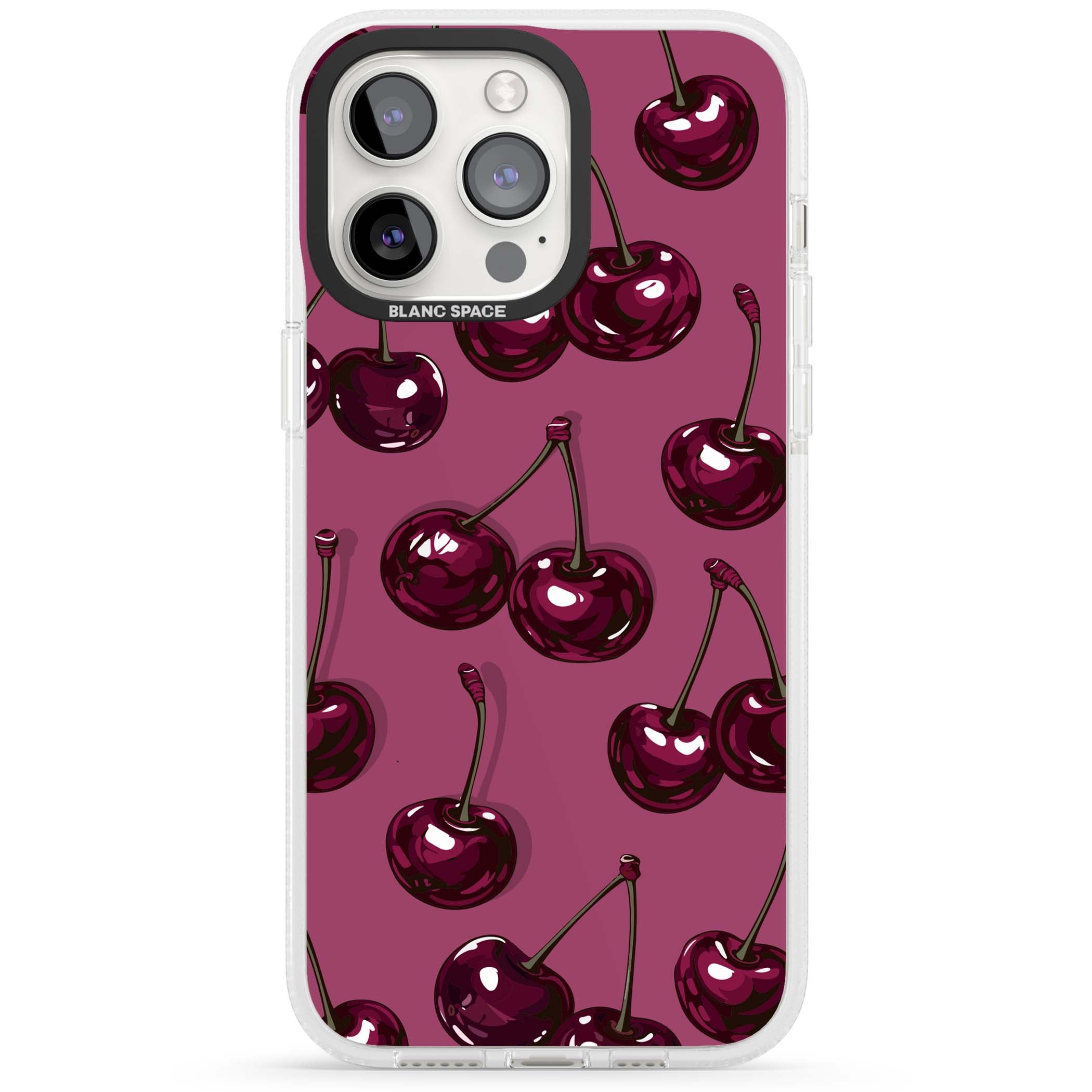 Cherry Soda coquette iPhone case featuring glossy burgundy cherries on a dusty pink background | Clear Case Impact Air case for iPhone 15 Pro, iPhone 15 Pro Max