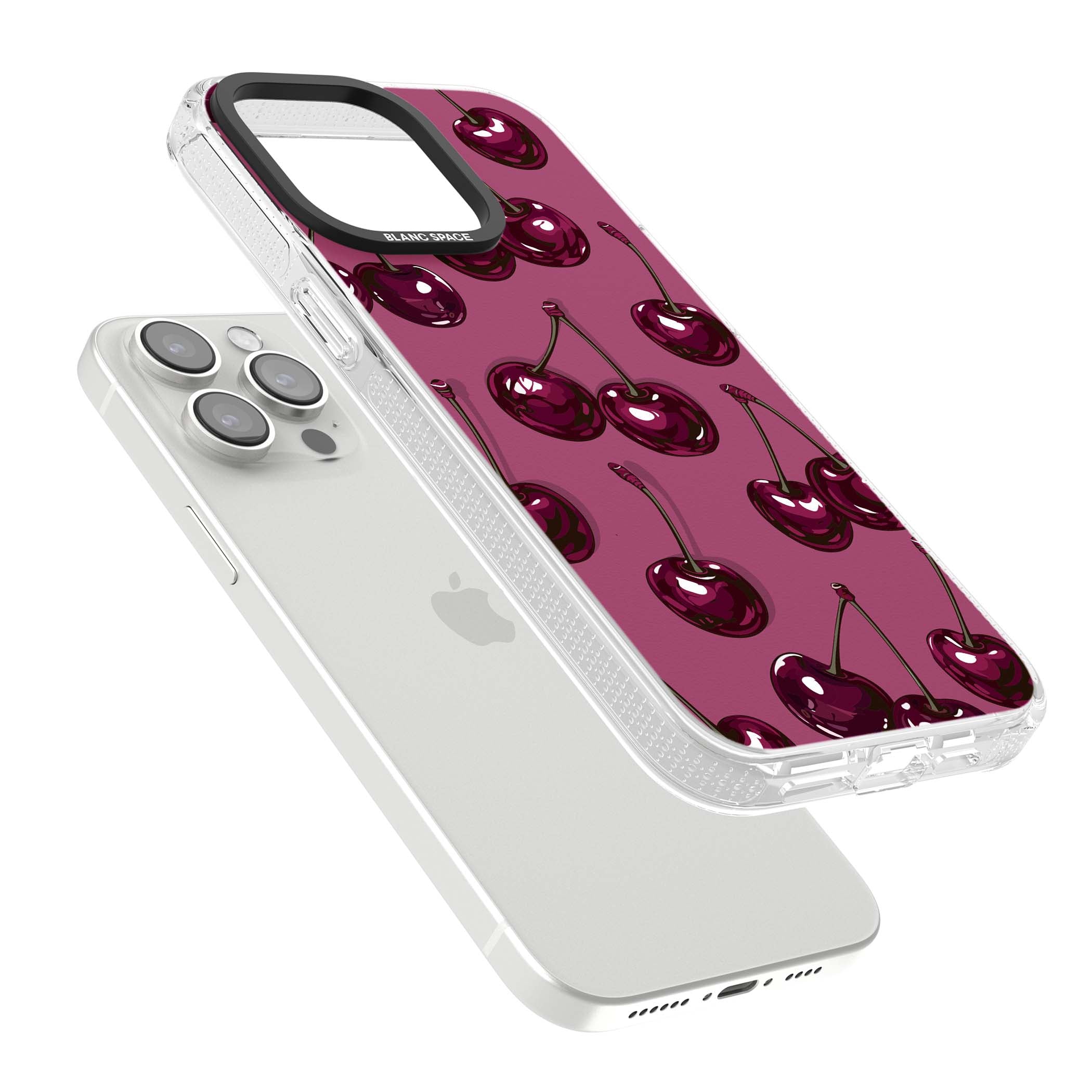 Cherry Soda coquette iPhone case featuring glossy burgundy cherries on a dusty pink background | Clear Case Impact Air case for iPhone 15 Pro, iPhone 15 Pro Max