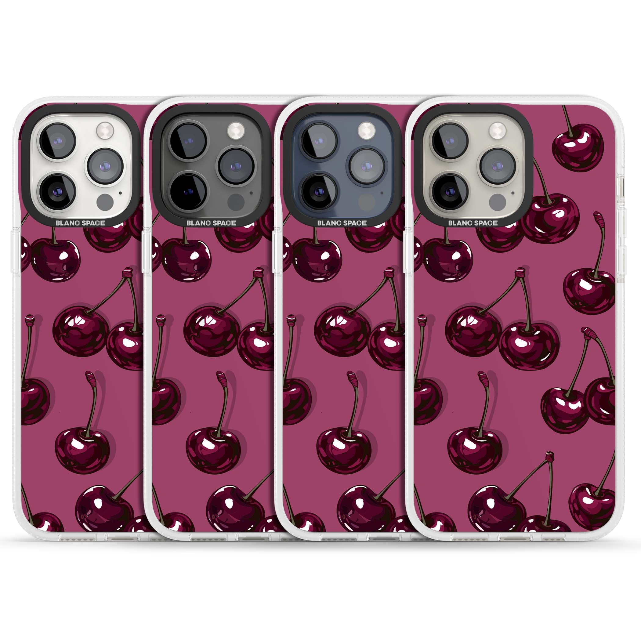 Cherry Soda coquette iPhone case featuring glossy burgundy cherries on a dusty pink background | Clear Case Impact Air case for iPhone 15 Pro, iPhone 15 Pro Max