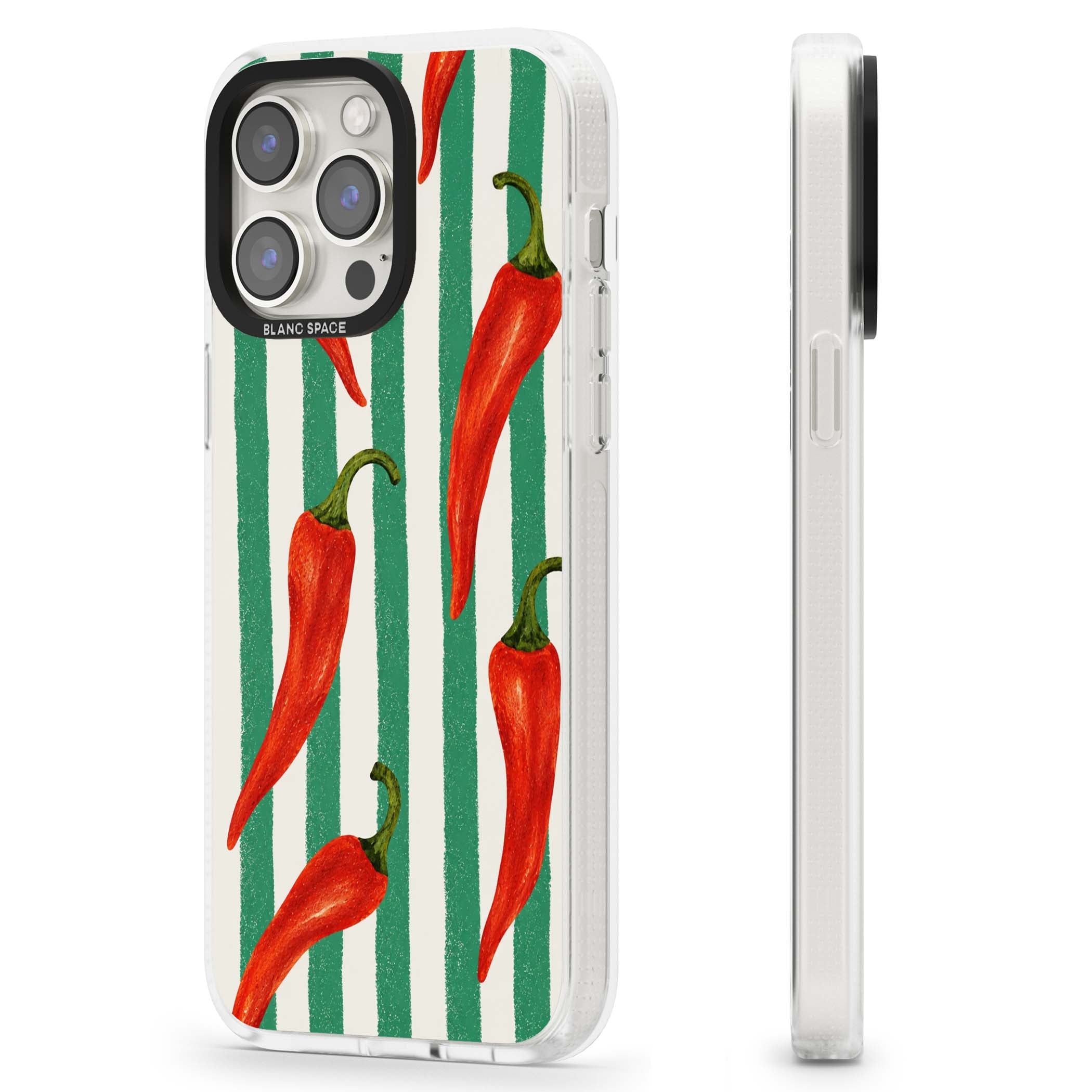 Striped Chillis coastal iPhone case featuring hand-painted red chili peppers on green and cream stripes | Clear Case Impact Air case for iPhone 15 Pro, iPhone 15 Pro Max