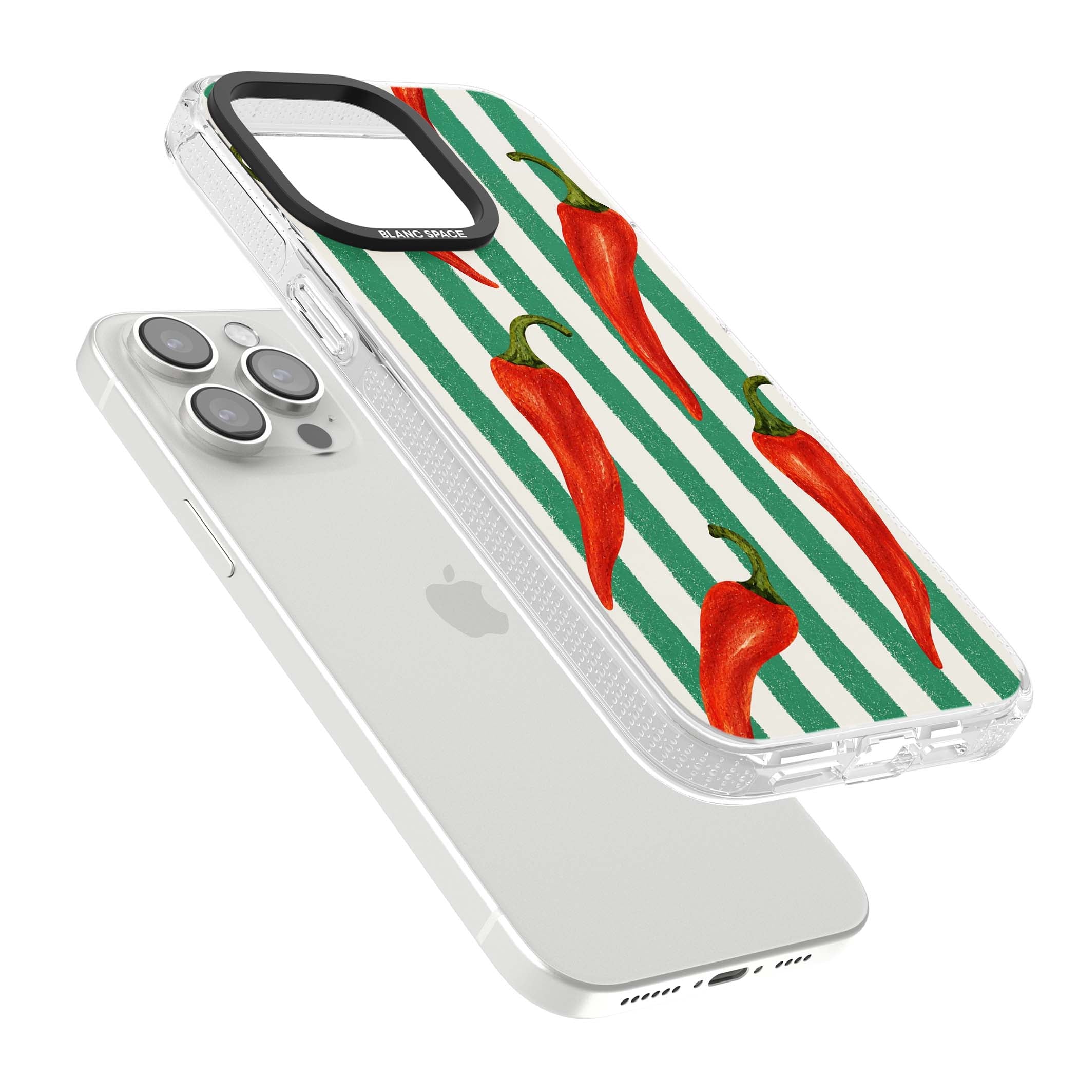 Striped Chillis coastal iPhone case featuring hand-painted red chili peppers on green and cream stripes | Clear Case Impact Air case for iPhone 15 Pro, iPhone 15 Pro Max