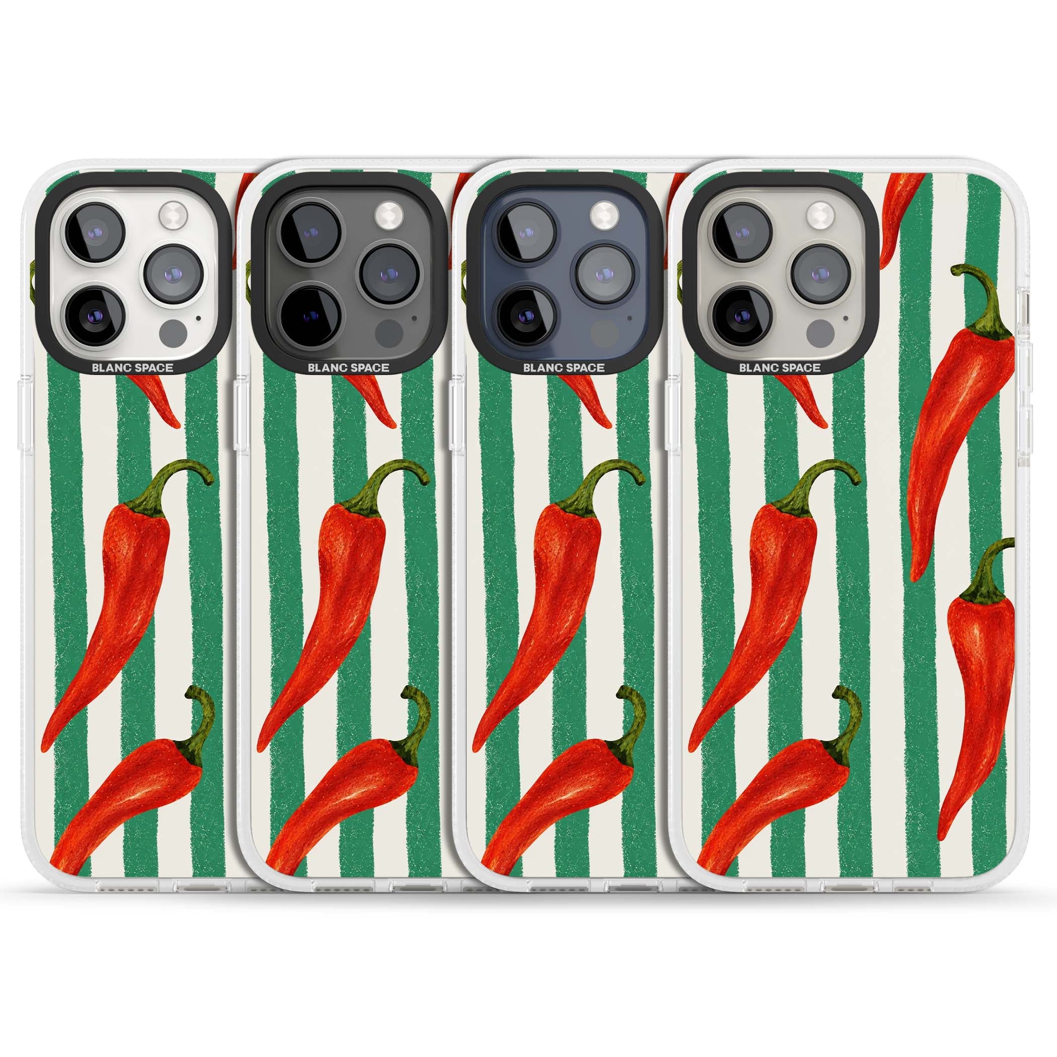Striped Chillis coastal iPhone case featuring hand-painted red chili peppers on green and cream stripes | Clear Case Impact Air case for iPhone 15 Pro, iPhone 15 Pro Max