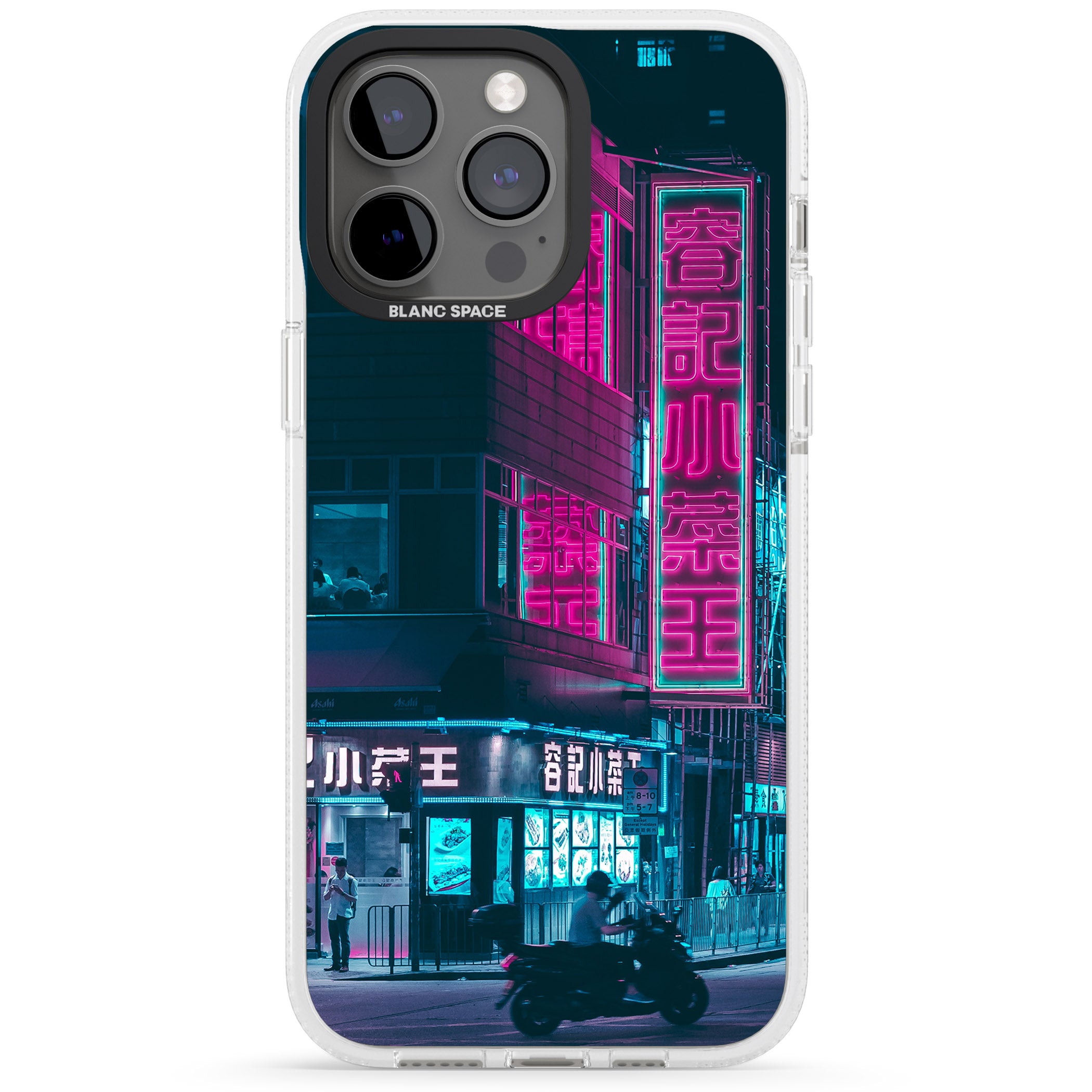 Motorcylist & Signs - Neon Cities Photographs iPhone 15 Pro Max / 15 Pro / 14 Pro Max / 14 Pro / 13 Pro Clear Case Impact Air - Blanc Space