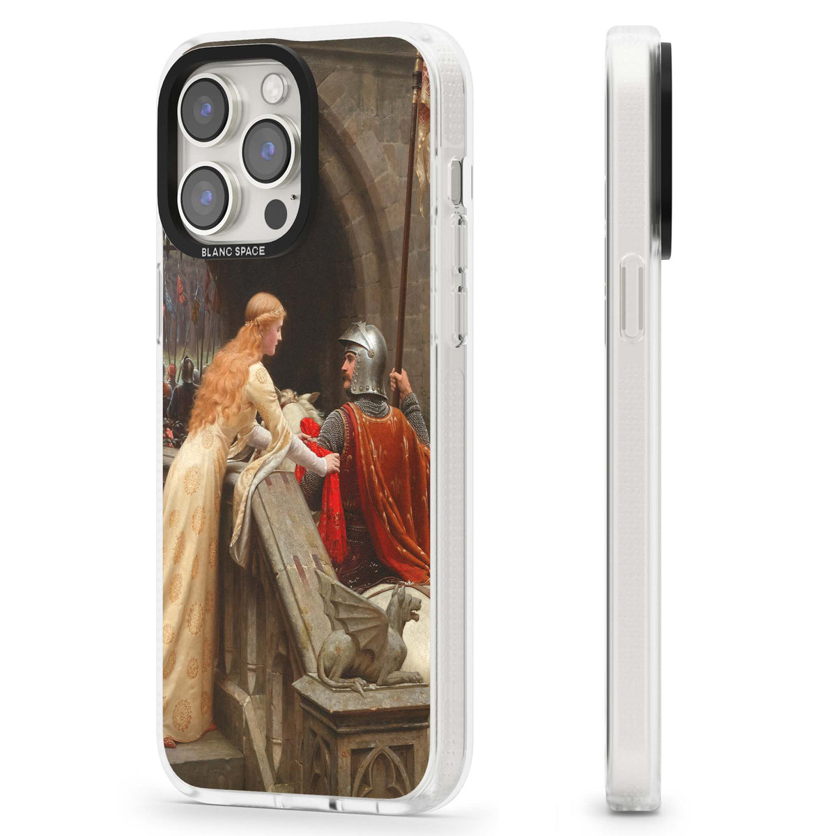 God Speed fine art iPhone case featuring Edmund Blair Leighton's medieval knight and lady beneath a stone archway | Clear Case Impact Air case for iPhone 15 Pro, iPhone 15 Pro Max