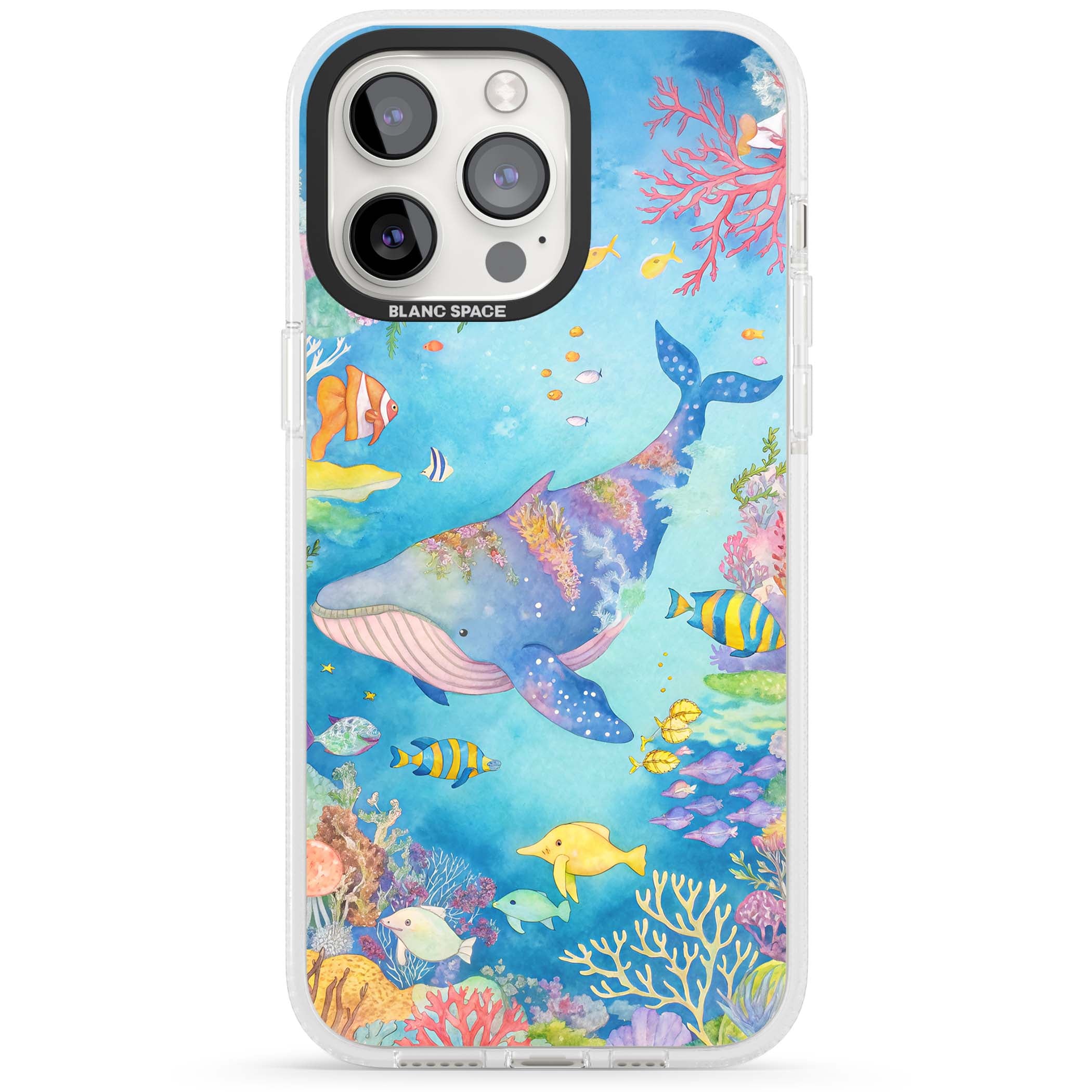 Coral Lagoon ocean iPhone case featuring a watercolour whale, coral reef and tropical fish | Clear Case Impact Air case for iPhone 15 Pro, iPhone 15 Pro Max