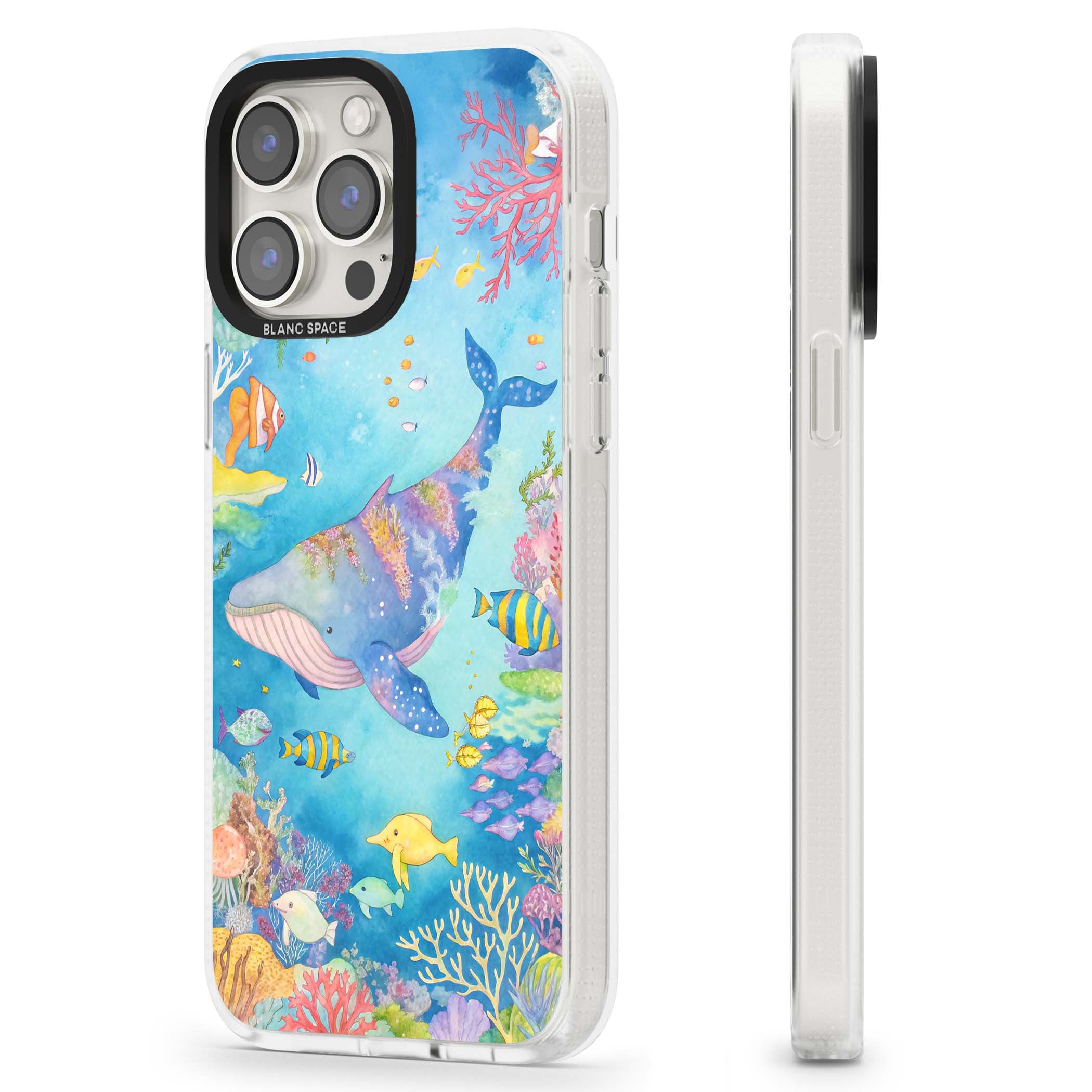 Coral Lagoon ocean iPhone case featuring a watercolour whale, coral reef and tropical fish | Clear Case Impact Air case for iPhone 15 Pro, iPhone 15 Pro Max