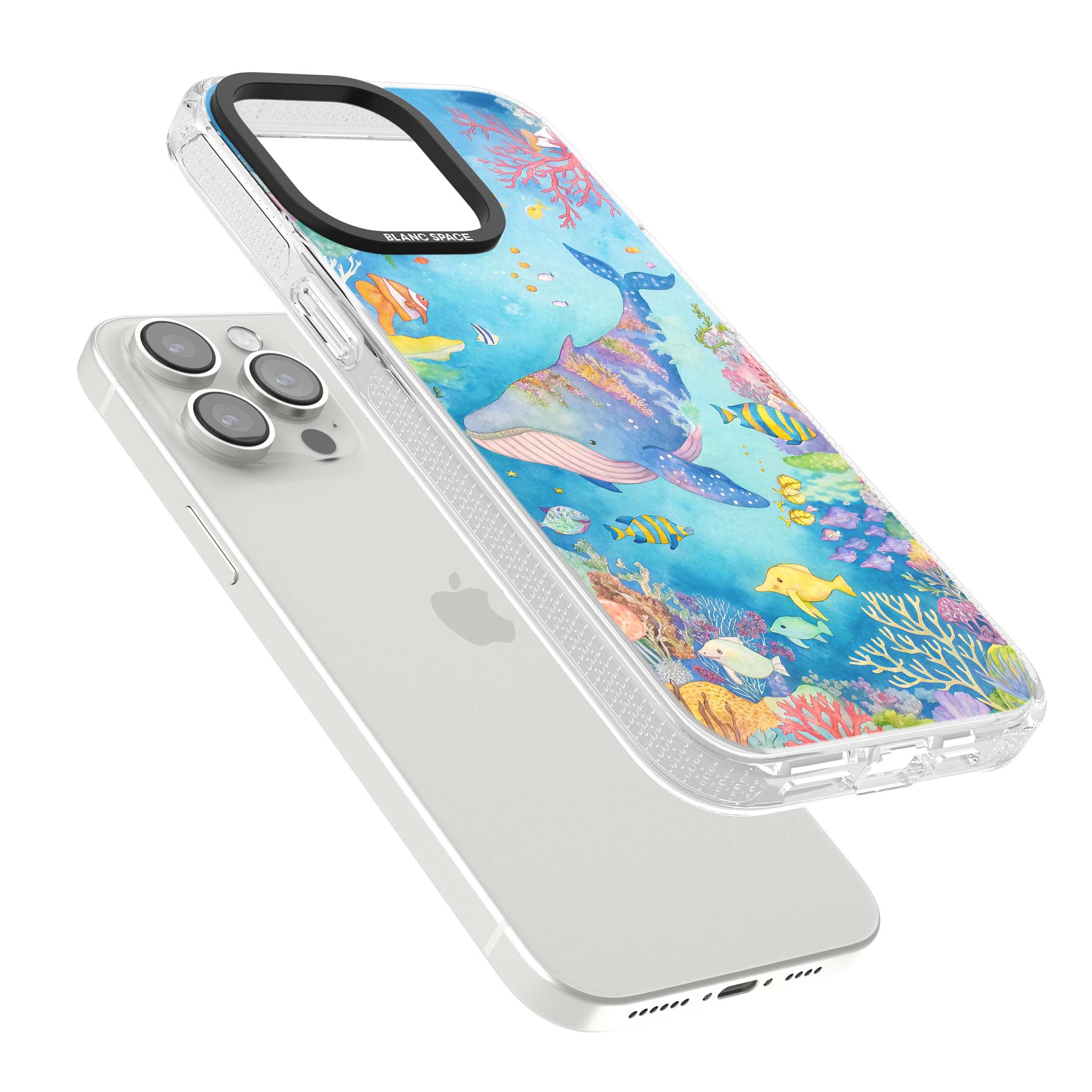 Coral Lagoon ocean iPhone case featuring a watercolour whale, coral reef and tropical fish | Clear Case Impact Air case for iPhone 15 Pro, iPhone 15 Pro Max