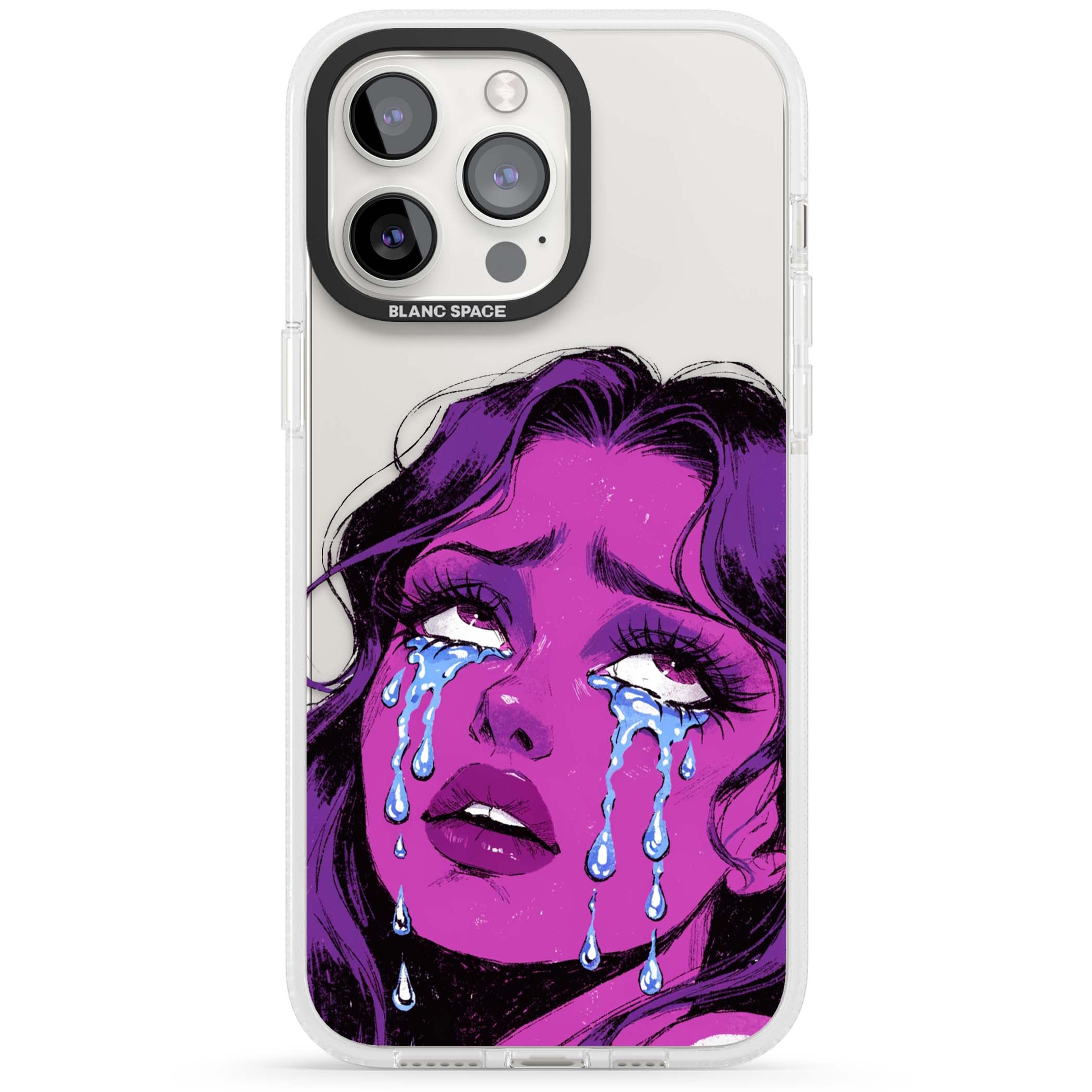 Drama Queen pop art iPhone case featuring a purple crying comic girl with blue tears | Clear Case Impact Air case for iPhone 15 Pro, iPhone 15 Pro Max