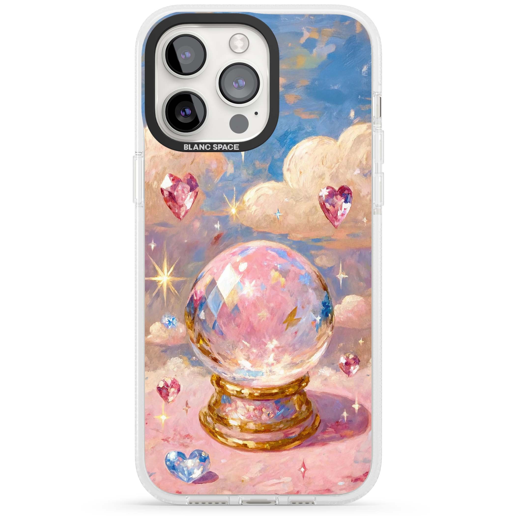 Crystal Ball fairycore iPhone case featuring a painted crystal ball, heart gemstones, and pastel clouds | Clear Case Impact Air case for iPhone 15 Pro, iPhone 15 Pro Max