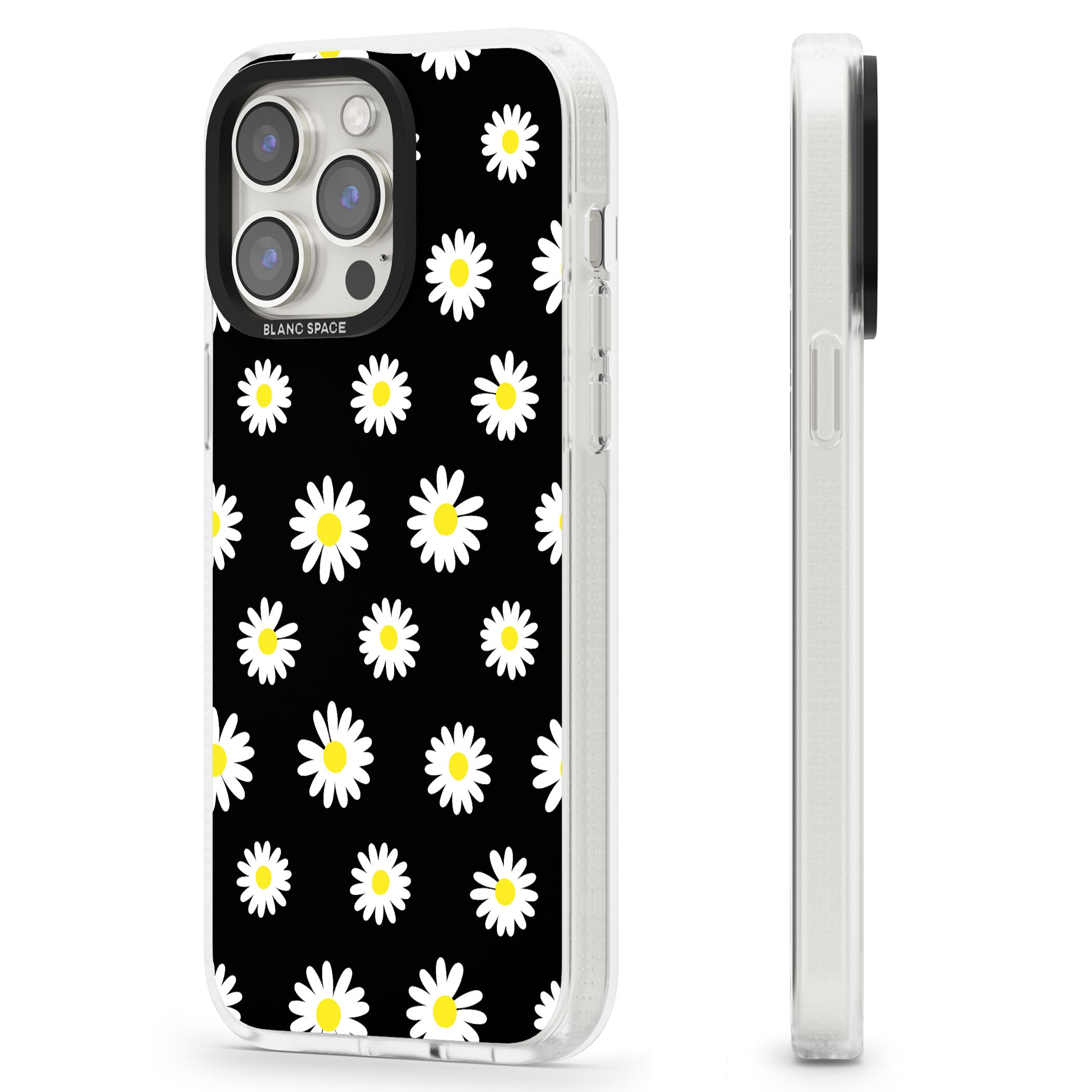 White Daisy Pattern (Black) iPhone 15 Pro Max / 15 Pro / 14 Pro Max / 14 Pro / 13 Pro Clear Case Impact Air - Blanc Space