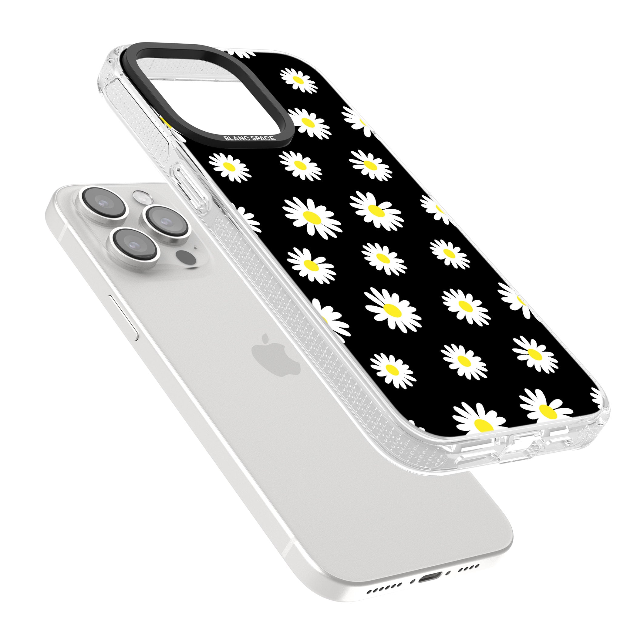 White Daisy Pattern (Black) iPhone 15 Pro Max / 15 Pro / 14 Pro Max / 14 Pro / 13 Pro Clear Case Impact Air - Blanc Space