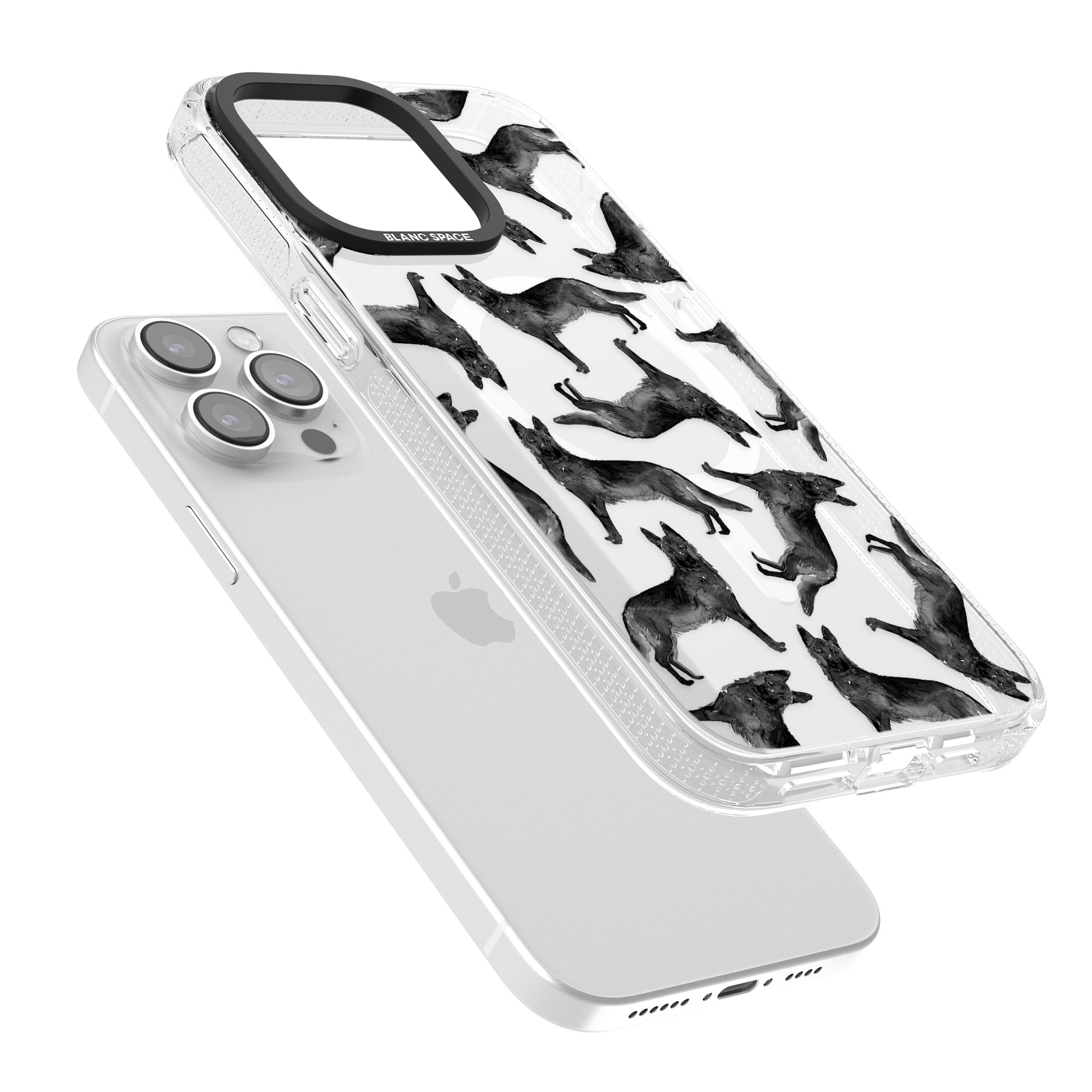 German Shepherd (Black) Watercolour Dog Pattern iPhone 15 Pro Max / 15 Pro / 14 Pro Max / 14 Pro / 13 Pro Clear Case Impact Air - Blanc Space