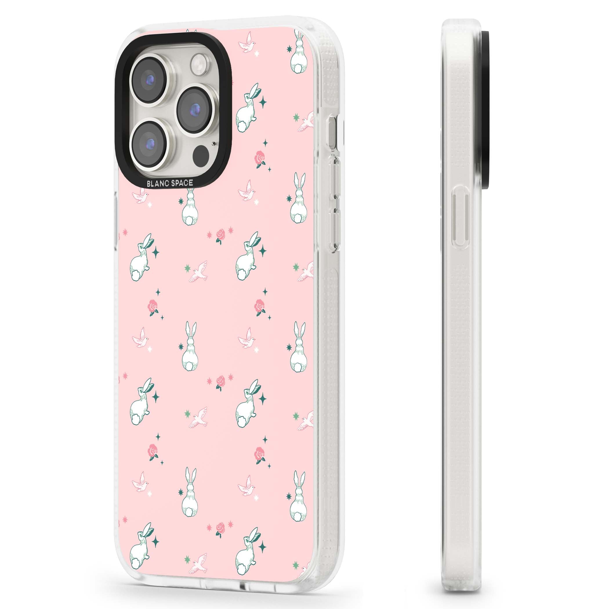 Bunny Garden kawaii iPhone case featuring white rabbits, pink roses, doves and stars on pink background | Clear Case Impact Air case for iPhone 15 Pro, iPhone 15 Pro Max