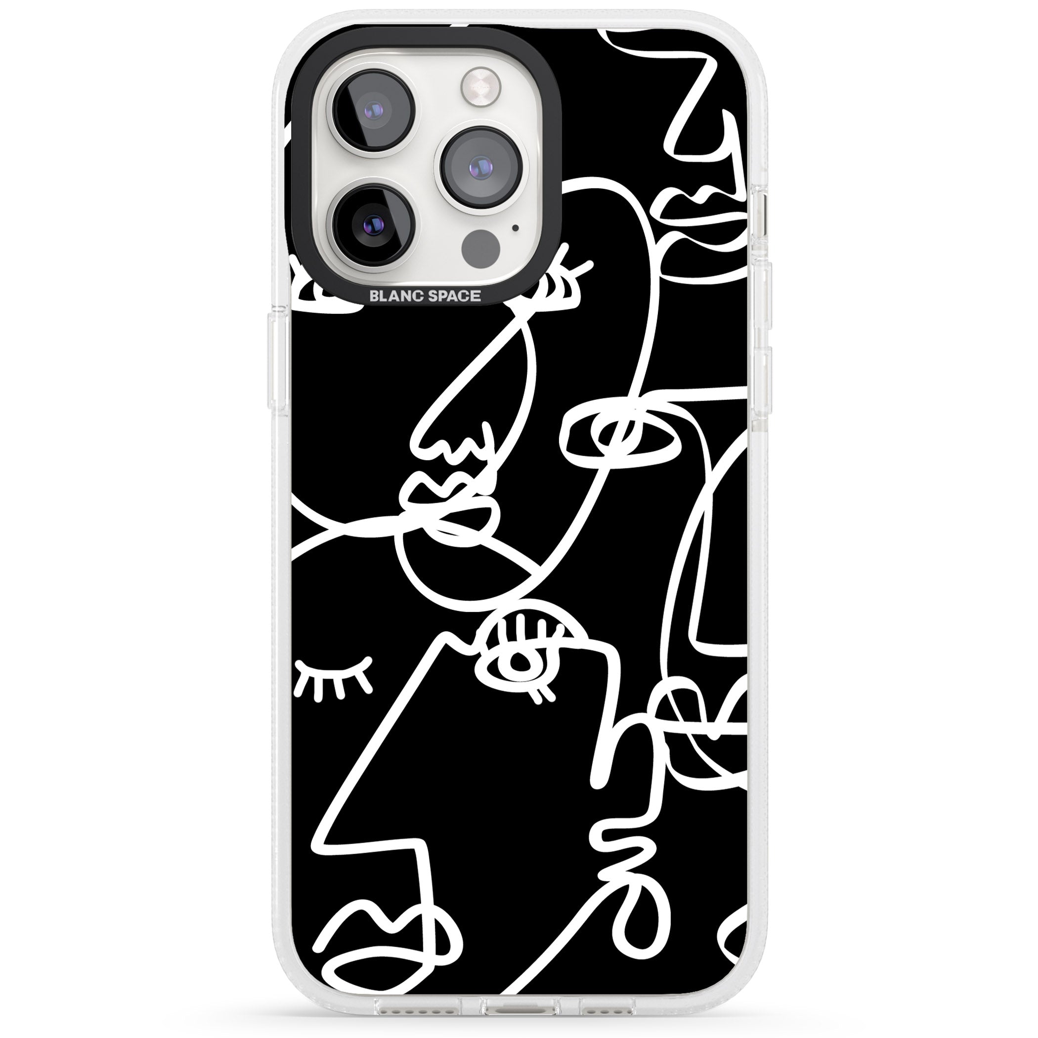 Abstract Continuous Line Faces White on Black iPhone 15 Pro Max / 15 Pro / 14 Pro Max / 14 Pro / 13 Pro Clear Case Impact Air - Blanc Space