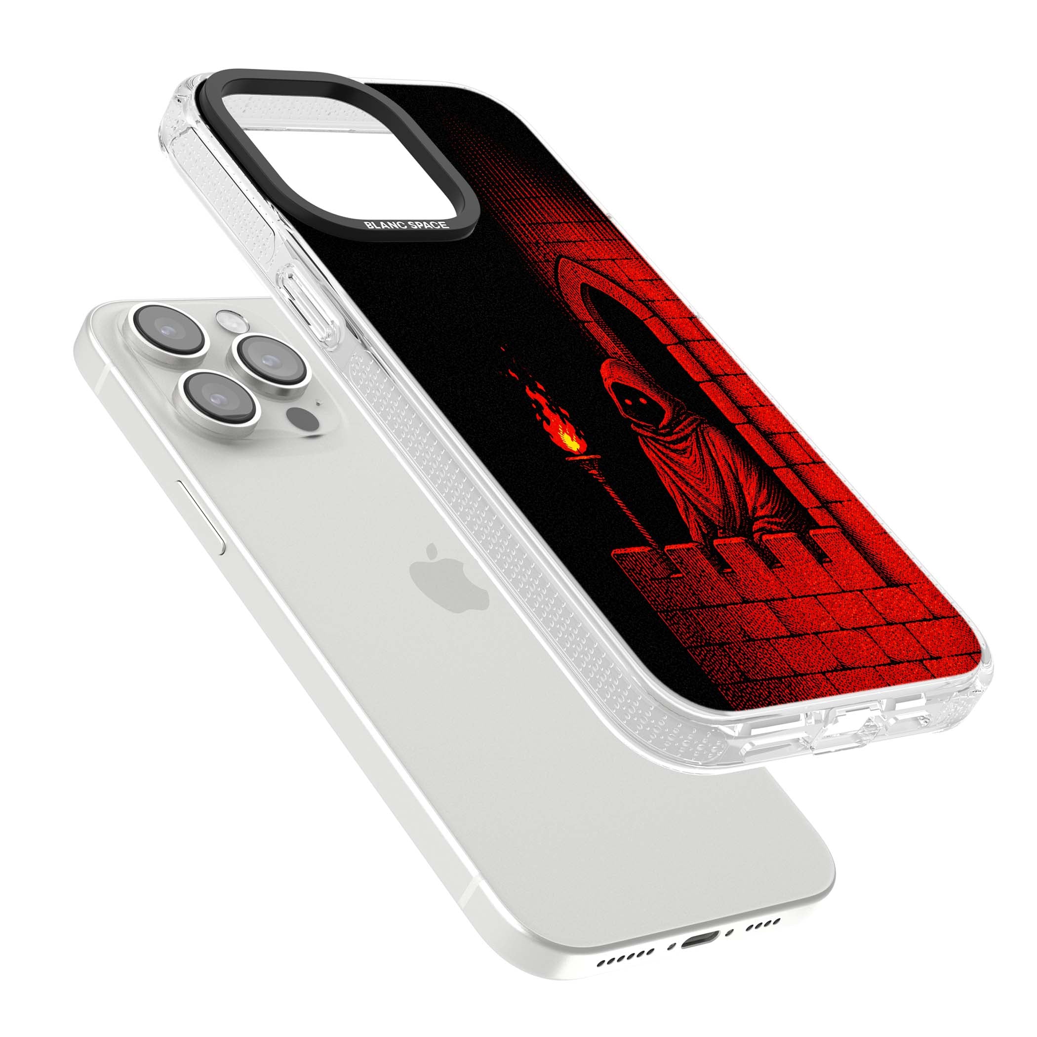 Crimson Crypt gothic iPhone case featuring a hooded reaper, torchlit crypt archway and red halftone horror art | Clear Case Impact Air case for iPhone 15 Pro, iPhone 15 Pro Max