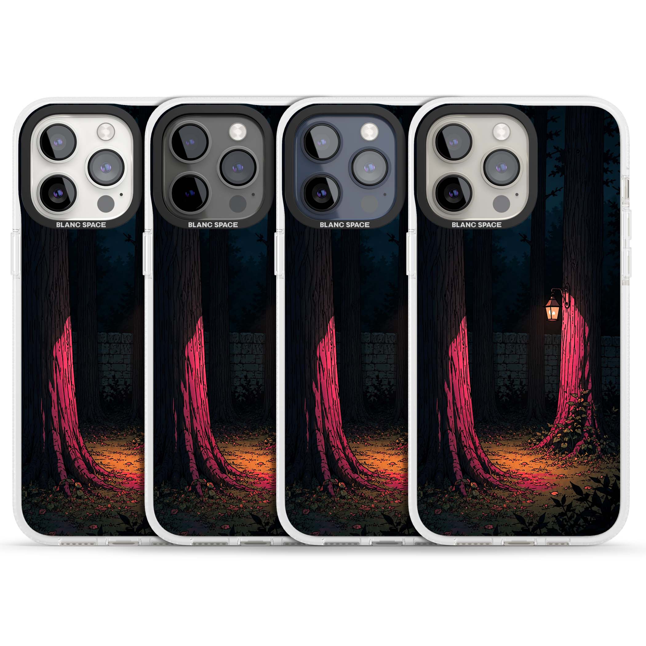 Forest Lantern dark academia iPhone case featuring a moonlit forest, glowing lantern, and stone wall pathway | Clear Case Impact Air case for iPhone 15 Pro, iPhone 15 Pro Max