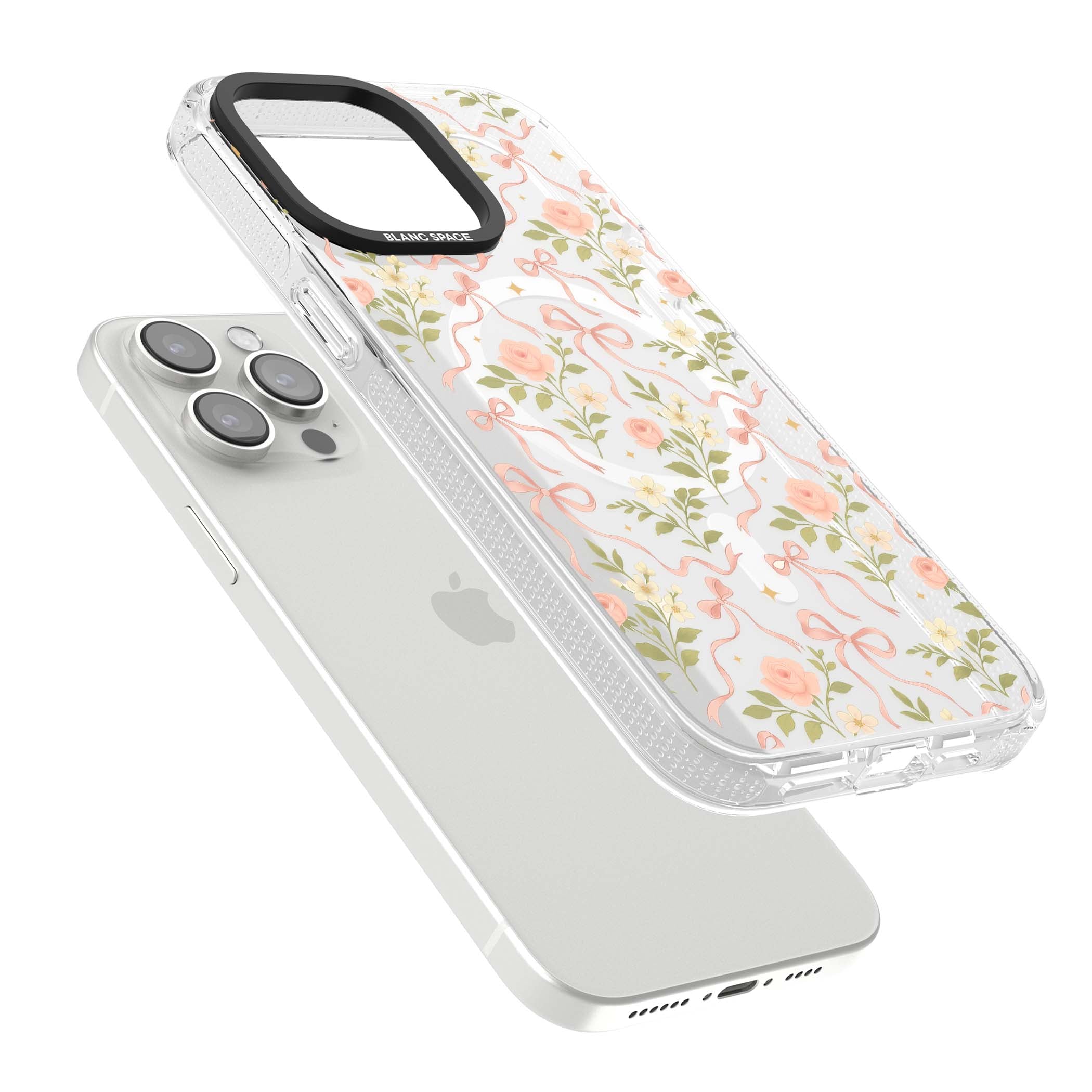 Ribbon Garden coquette iPhone case featuring pink bows, peach roses and wildflowers on white background | Clear Case Impact Air case for iPhone 15 Pro, iPhone 15 Pro Max