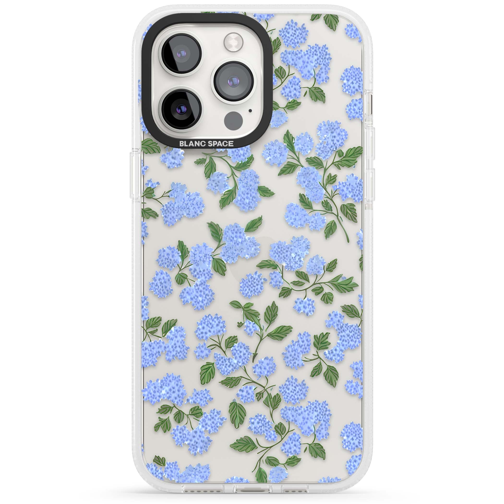 Hydrangea Dreams cottagecore iPhone case featuring soft blue hydrangea flower clusters and green leaves | Clear Case Impact Air case for iPhone 15 Pro, iPhone 15 Pro Max
