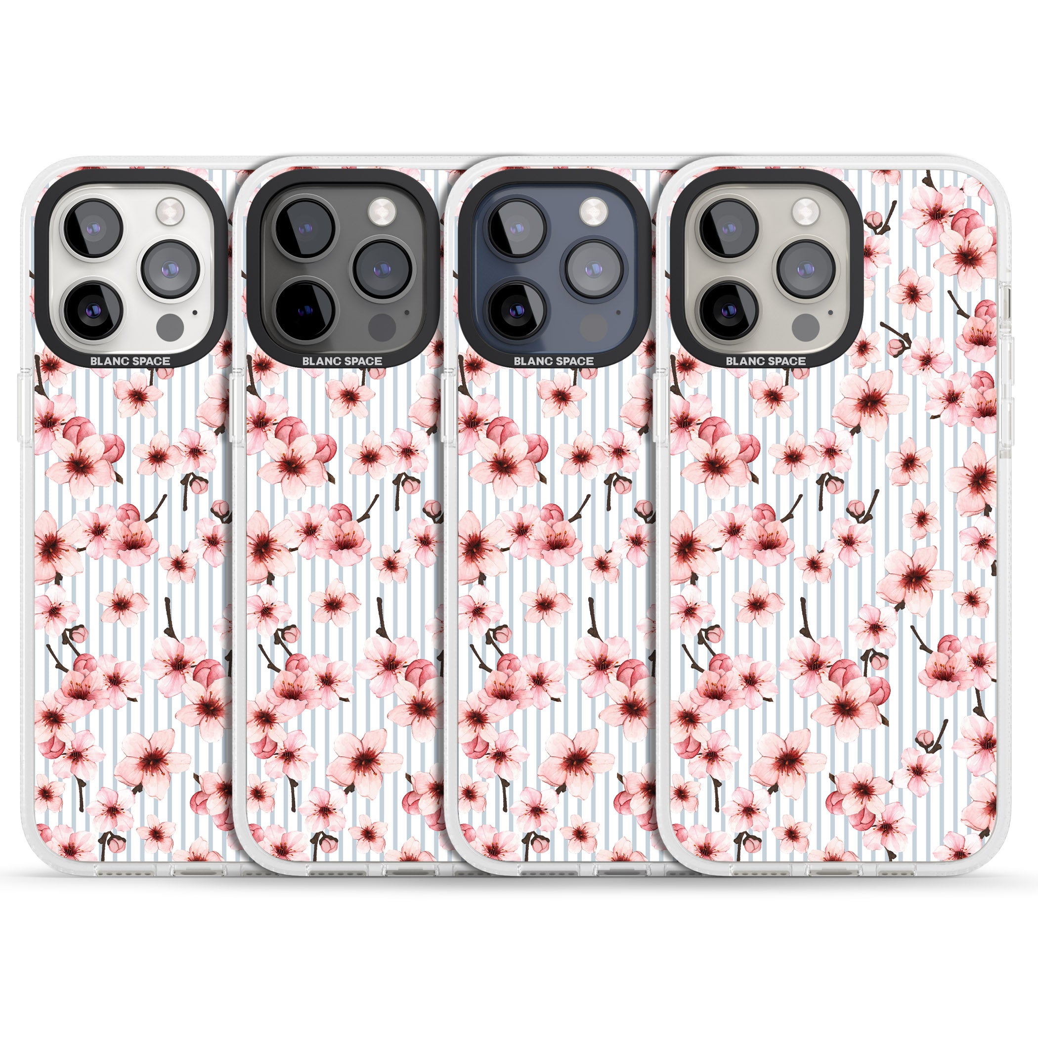 Cherry Blossoms on Blue Stripes Pattern iPhone 15 Pro Max / 15 Pro / 14 Pro Max / 14 Pro / 13 Pro Clear Case Impact Air - Blanc Space
