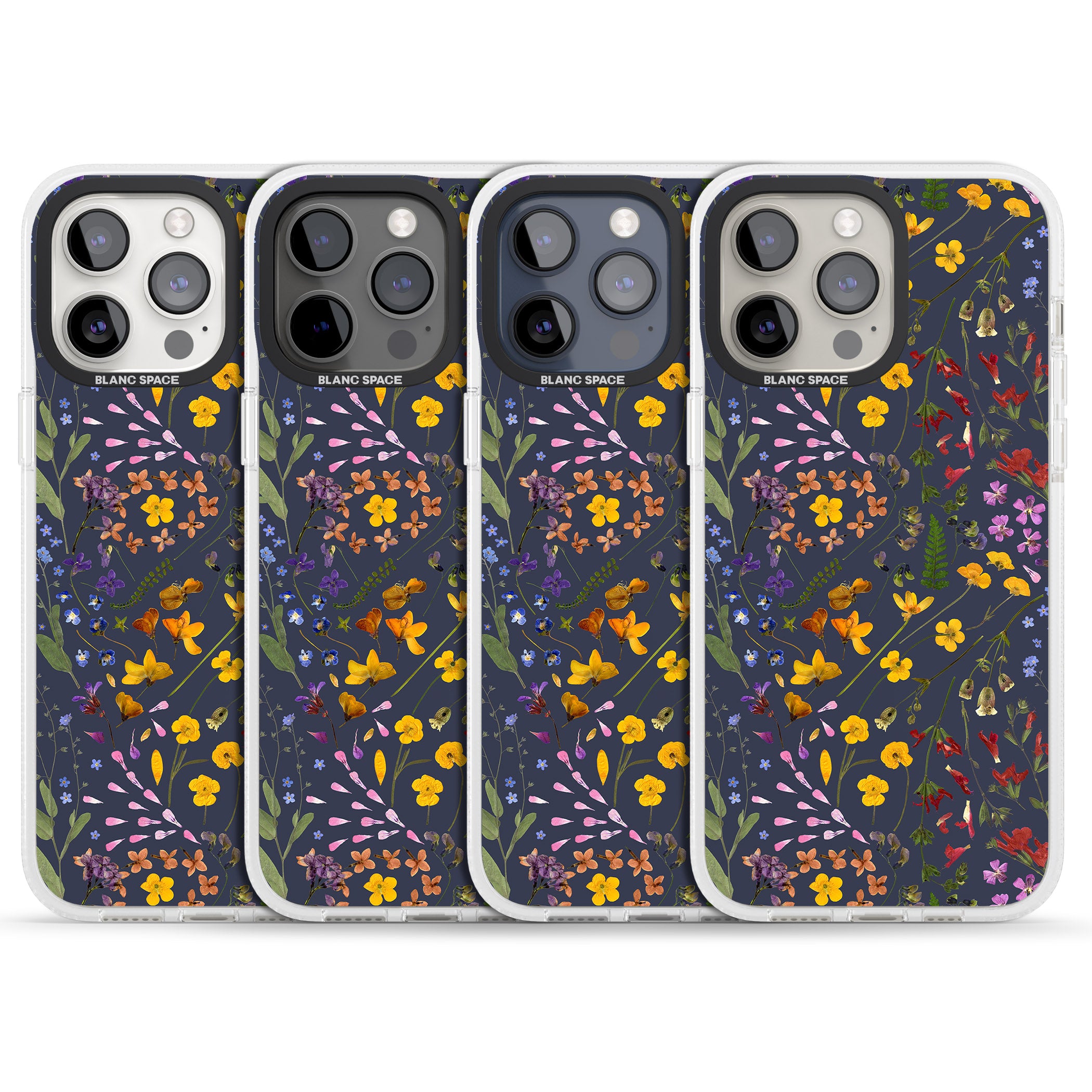 Wildflower & Leaves Cluster Design - Navy iPhone 15 Pro Max / 15 Pro / 14 Pro Max / 14 Pro / 13 Pro Clear Case Impact Air - Blanc Space