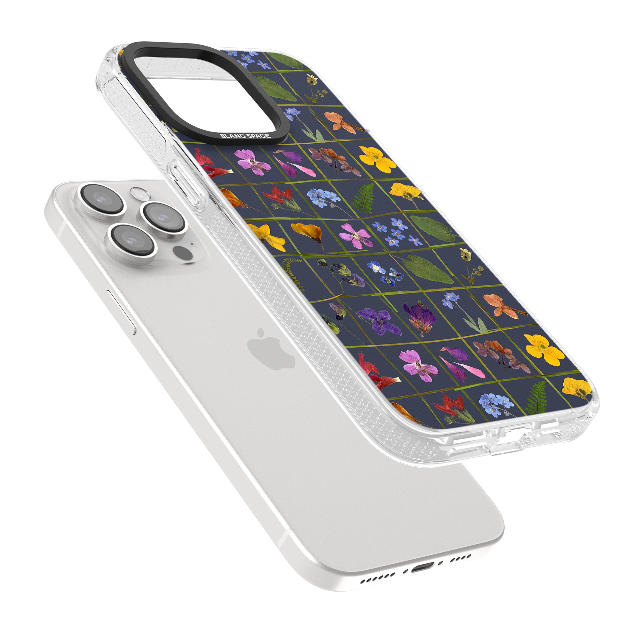 Wildflower Grid Boxes Pattern - Navy iPhone 15 Pro Max / 15 Pro / 14 Pro Max / 14 Pro / 13 Pro Clear Case Impact Air - Blanc Space