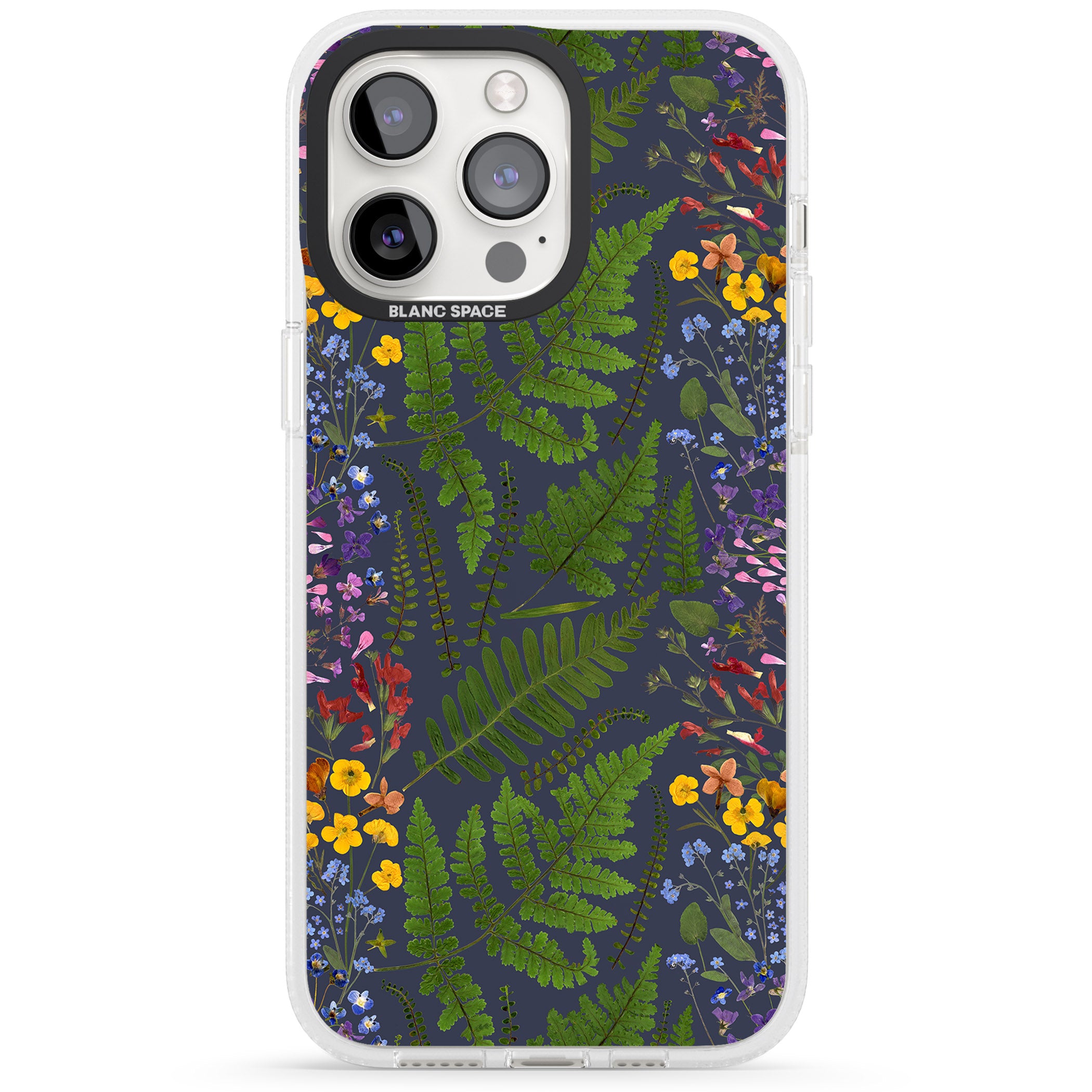Busy Floral and Fern Design - Navy iPhone 15 Pro Max / 15 Pro / 14 Pro Max / 14 Pro / 13 Pro Clear Case Impact Air - Blanc Space