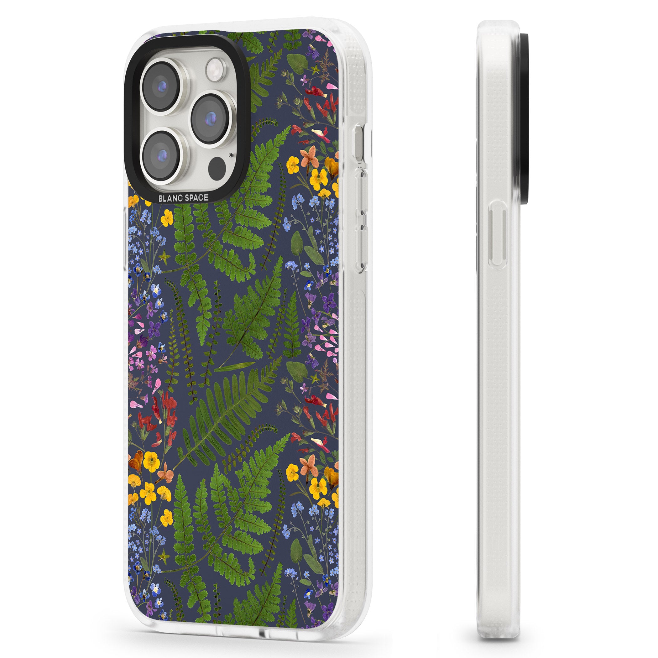 Busy Floral and Fern Design - Navy iPhone 15 Pro Max / 15 Pro / 14 Pro Max / 14 Pro / 13 Pro Clear Case Impact Air - Blanc Space