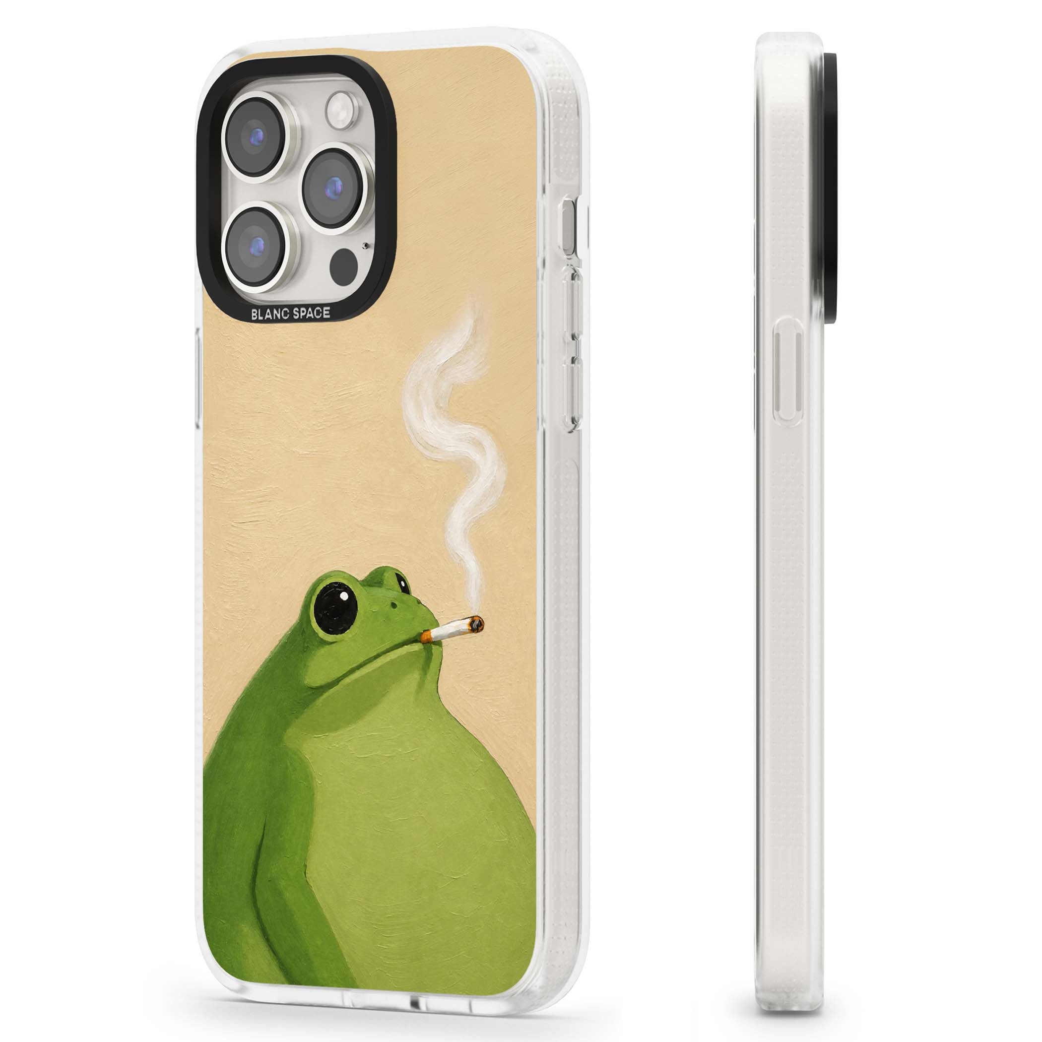 The Smoking Frog cottagecore iPhone case featuring a hand-painted green frog smoking a cigarette on a cream oil painting back | Clear Case Impact Air case for iPhone 15 Pro, iPhone 15 Pro Max