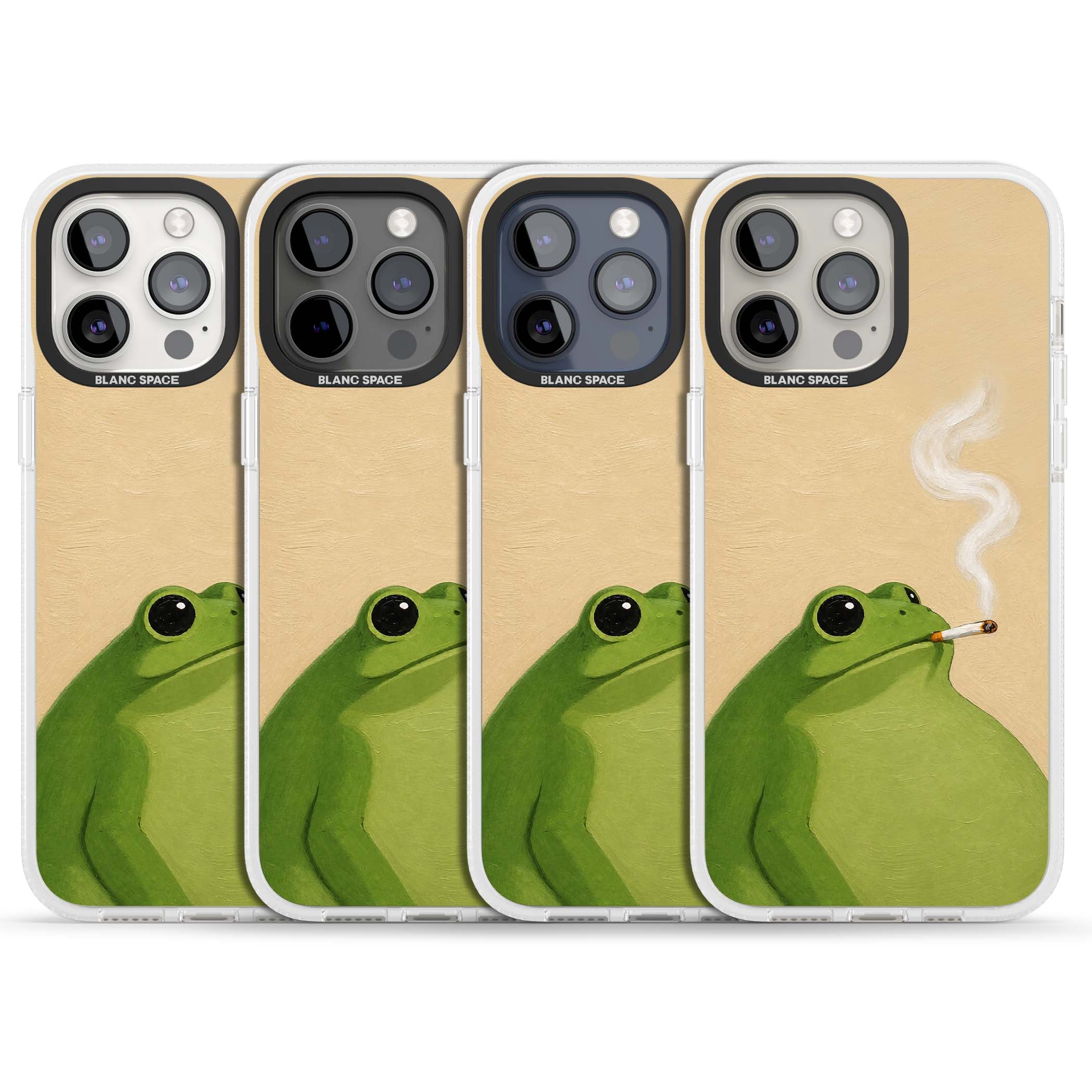 The Smoking Frog cottagecore iPhone case featuring a hand-painted green frog smoking a cigarette on a cream oil painting back | Clear Case Impact Air case for iPhone 15 Pro, iPhone 15 Pro Max