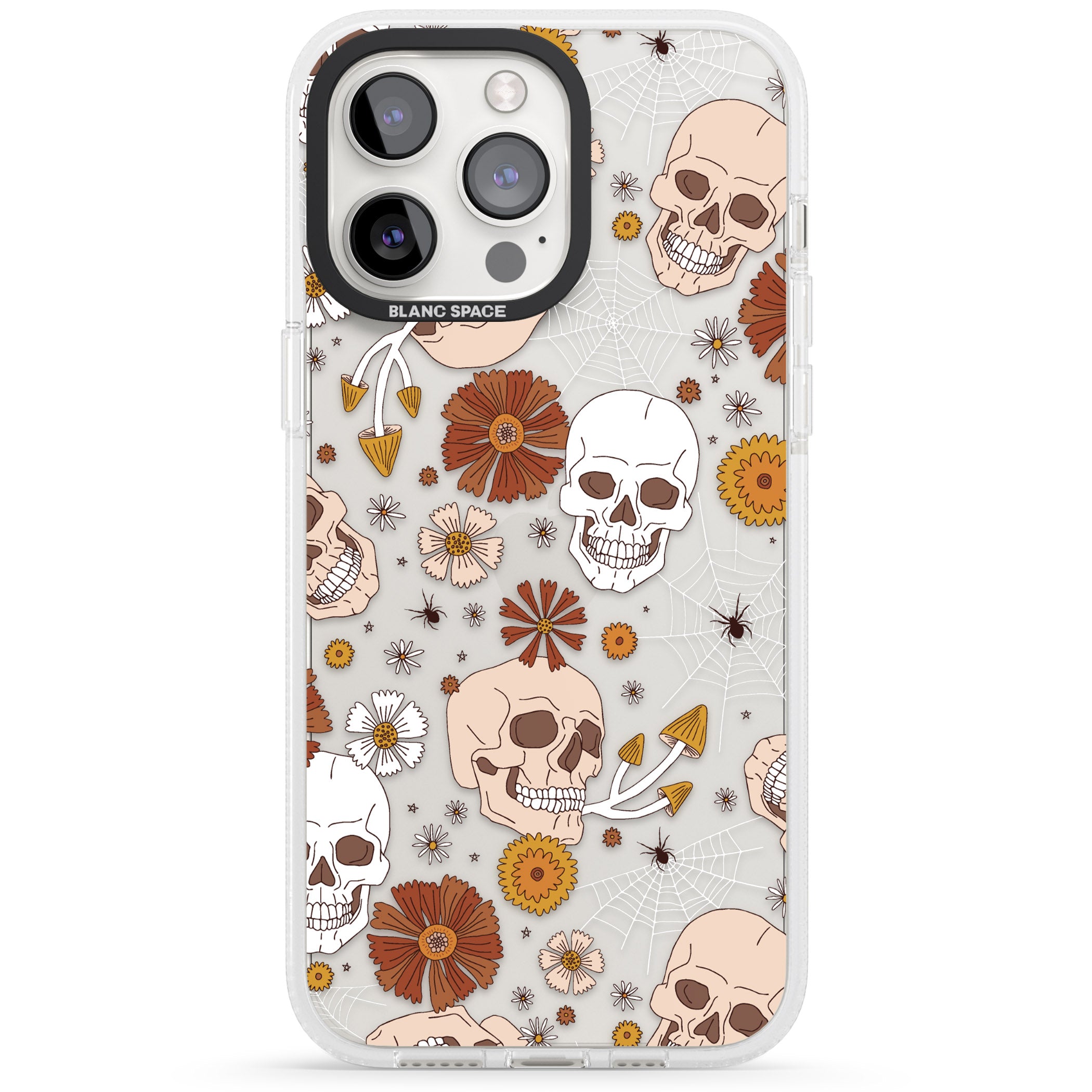 Halloween Skulls and Flowers iPhone 15 Pro Max / 15 Pro / 14 Pro Max / 14 Pro / 13 Pro Clear Case Impact Air - Blanc Space