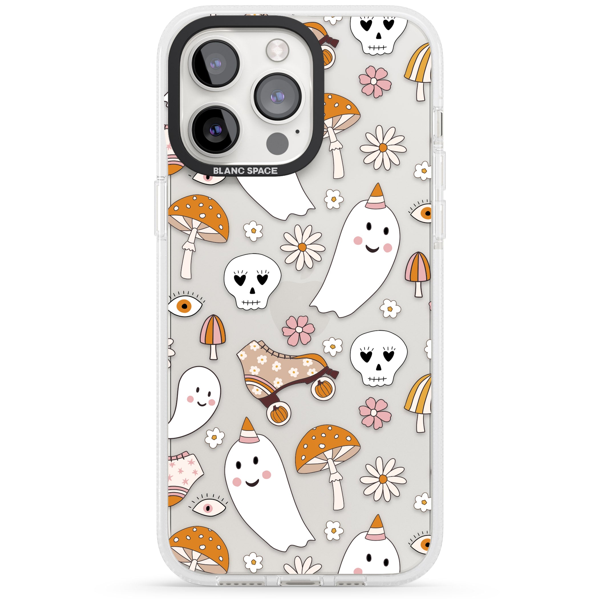 Cute Ghost and Skulls Pattern iPhone 15 Pro Max / 15 Pro / 14 Pro Max / 14 Pro / 13 Pro Clear Case Impact Air - Blanc Space