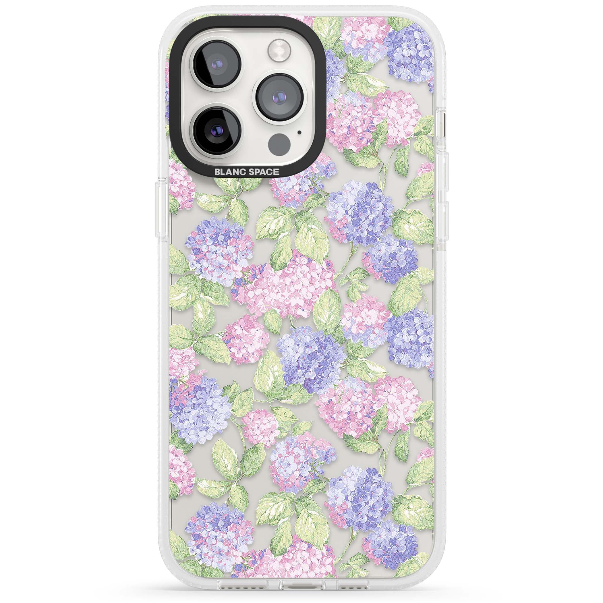 Cottage Hydrangea cottagecore iPhone case featuring pink and purple hydrangea blooms with green leaves on a clear background | Clear Case Impact Air case for iPhone 15 Pro, iPhone 15 Pro Max