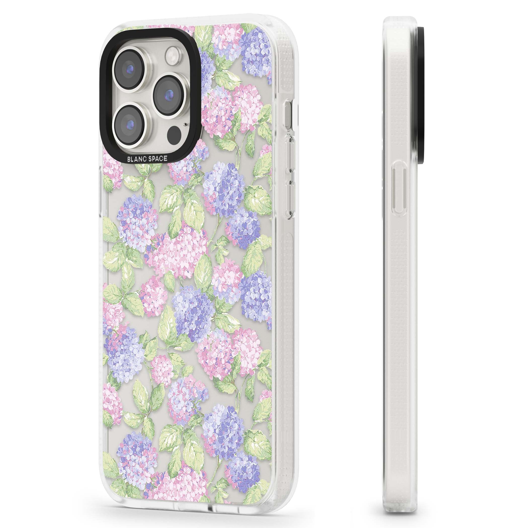 Cottage Hydrangea cottagecore iPhone case featuring pink and purple hydrangea blooms with green leaves on a clear background | Clear Case Impact Air case for iPhone 15 Pro, iPhone 15 Pro Max